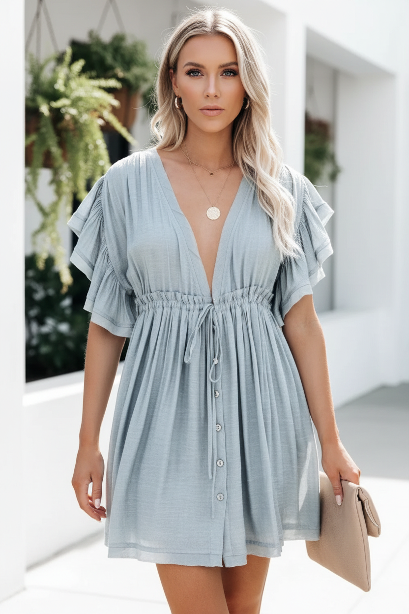 Drawstring Ruffled Half Sleeve Mini Dress