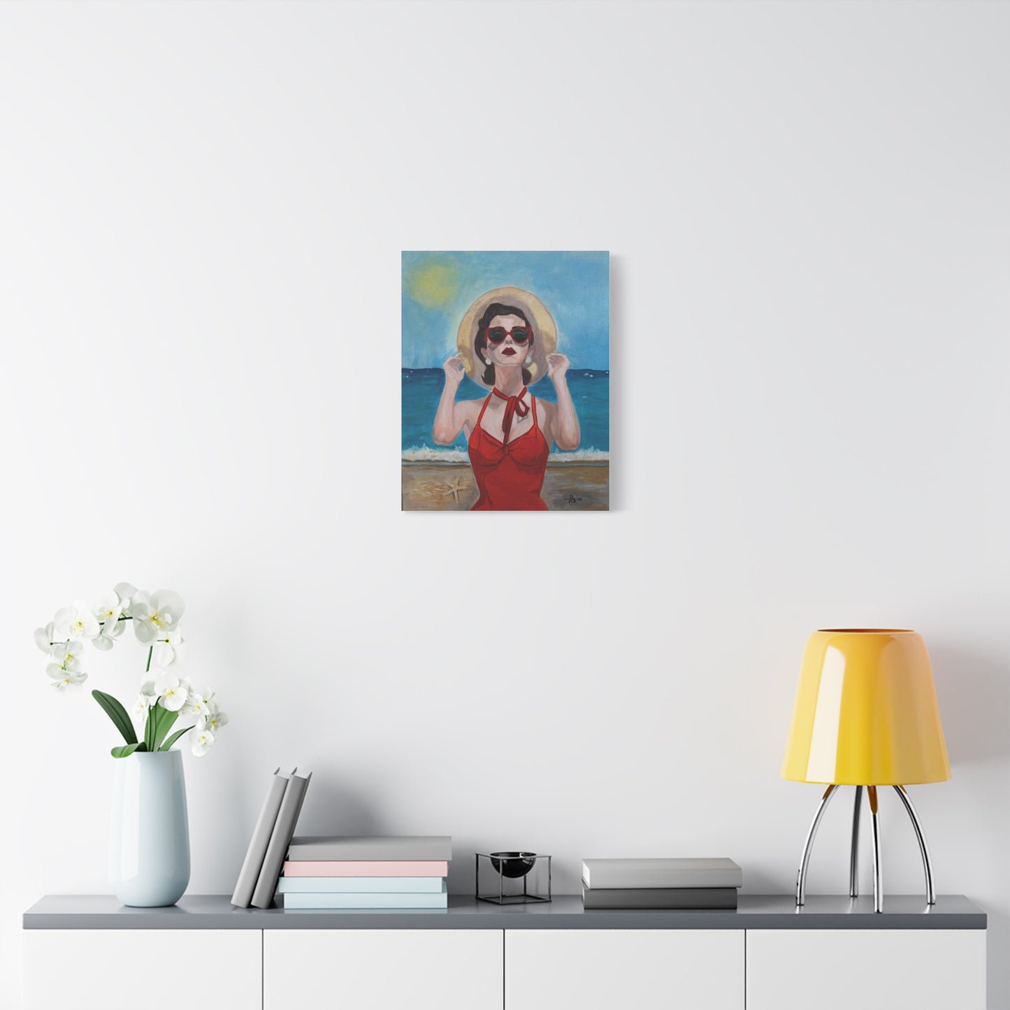 Golden Hour Muse Canvas Print — Retro Woman in Red Swimsuit Wall Art