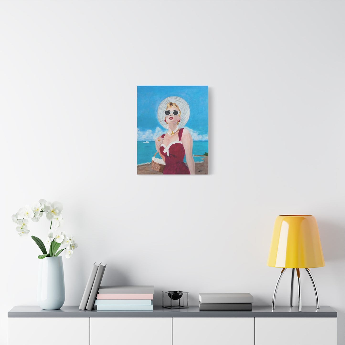 Seaside Muse Canvas — Retro Woman in Sunglasses Matte Stretched Wall Art