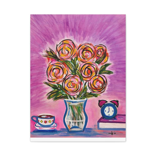 Bloom and Brew Canvas Art — Floral Still Life Matte Stretched Canvas