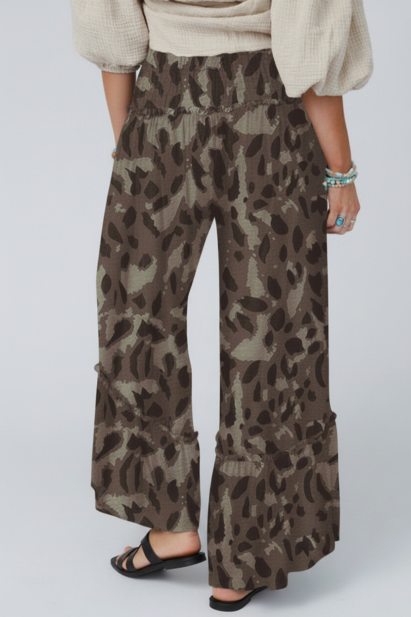 Brown Camo Print Wide Leg Casual Pants