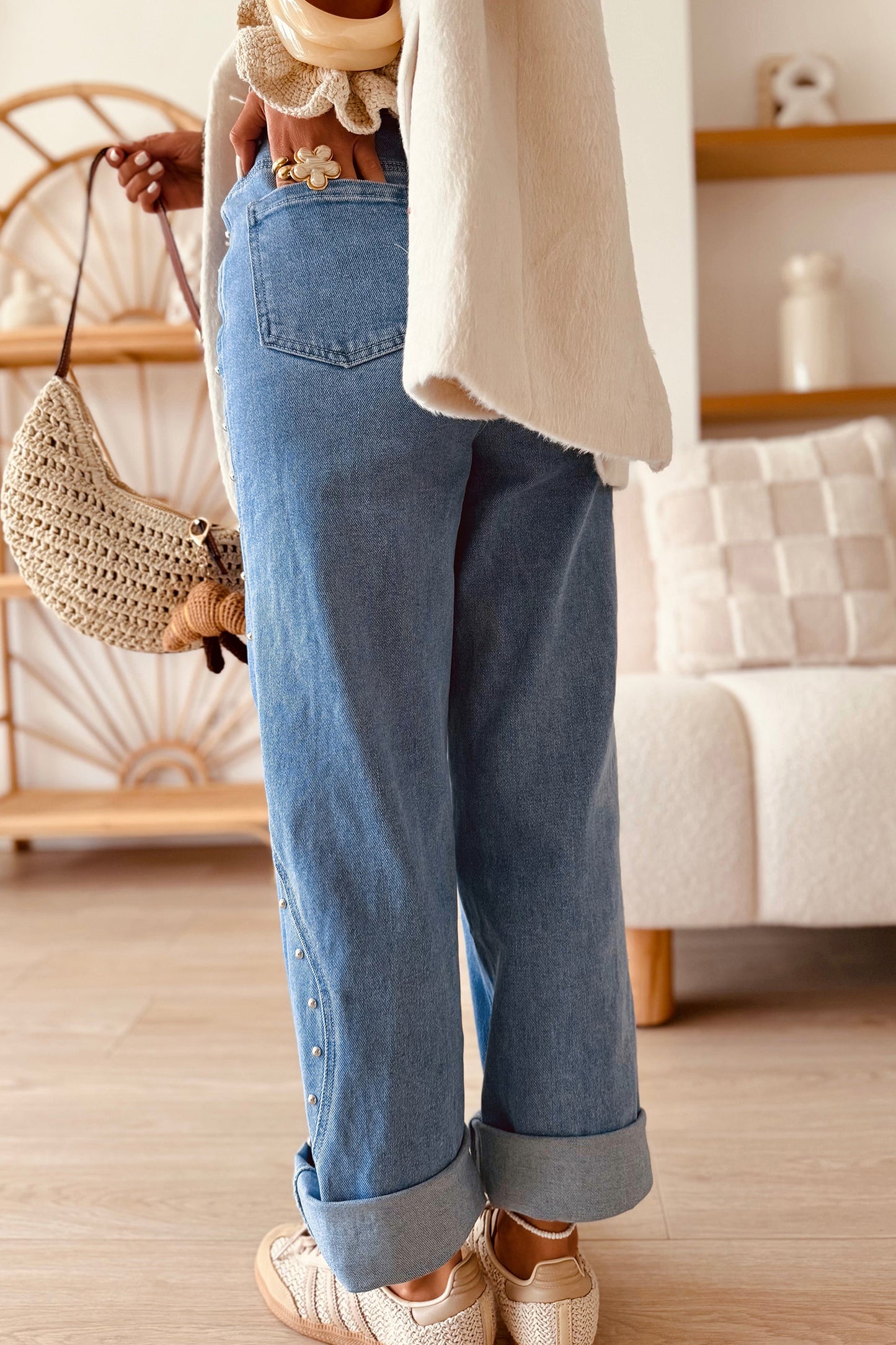 Coffee Side Seam Rivet Detail Ankle Length Casual Jeans