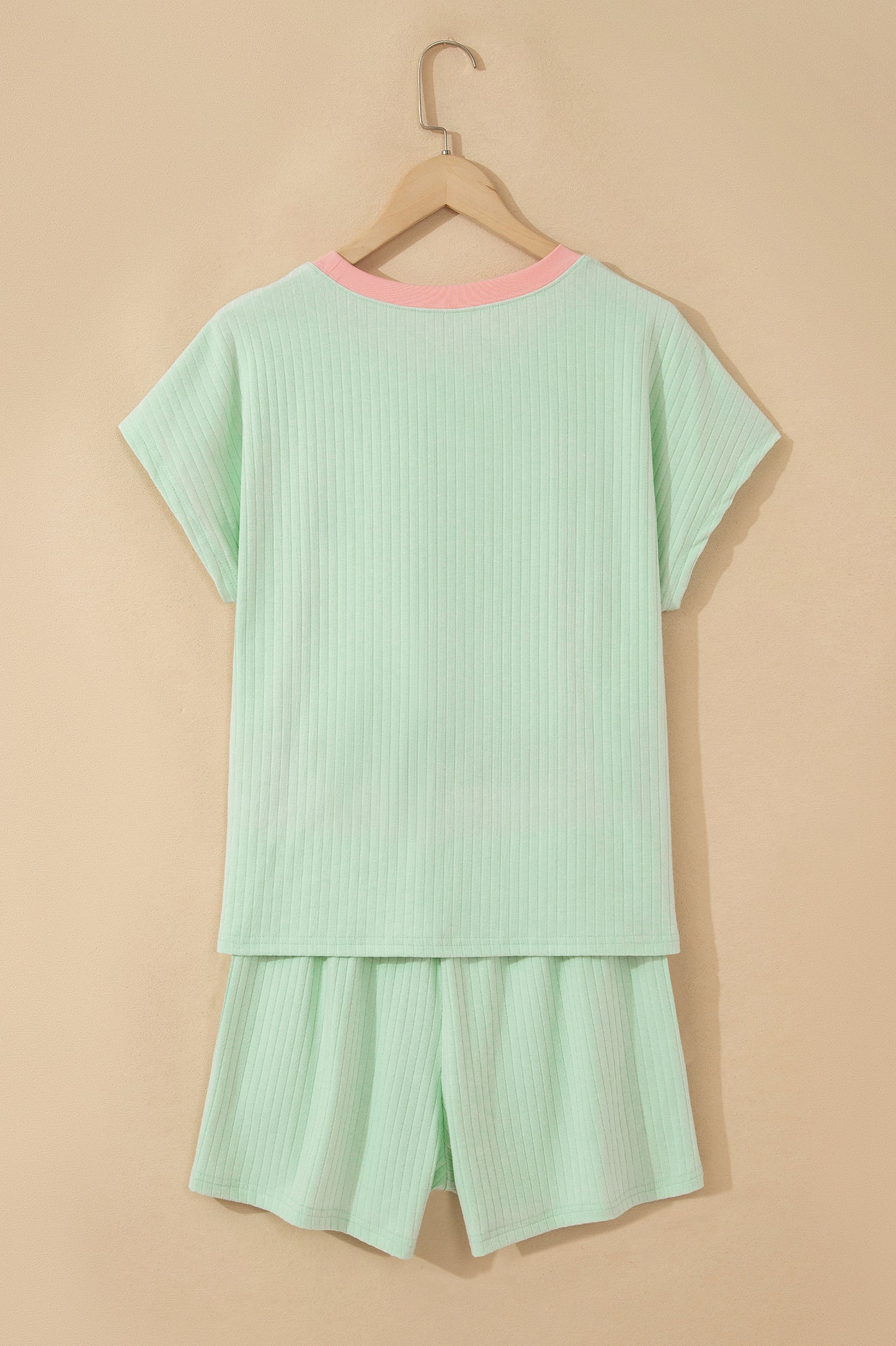 Yellow Cream Soft Ribbed Color Block Trim Casual Short Set