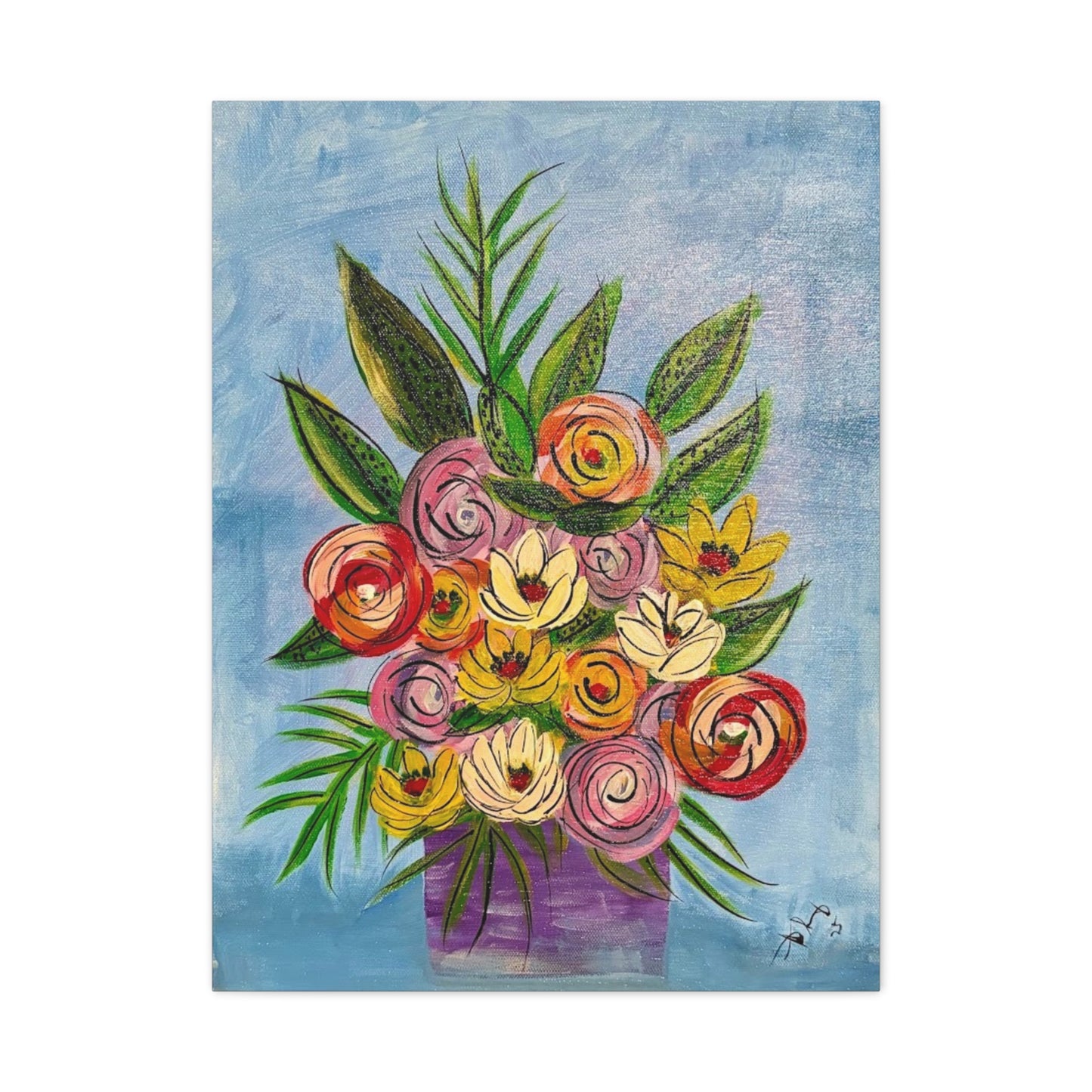 Pink Roses Boho Bouquet Canvas Print — Colorful Hand-Painted Flowers on Blue Background