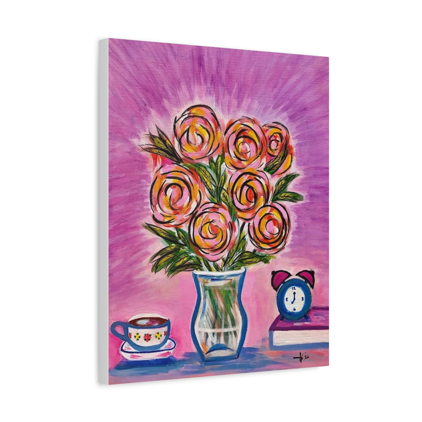 Bloom and Brew Canvas Art — Floral Still Life Matte Stretched Canvas