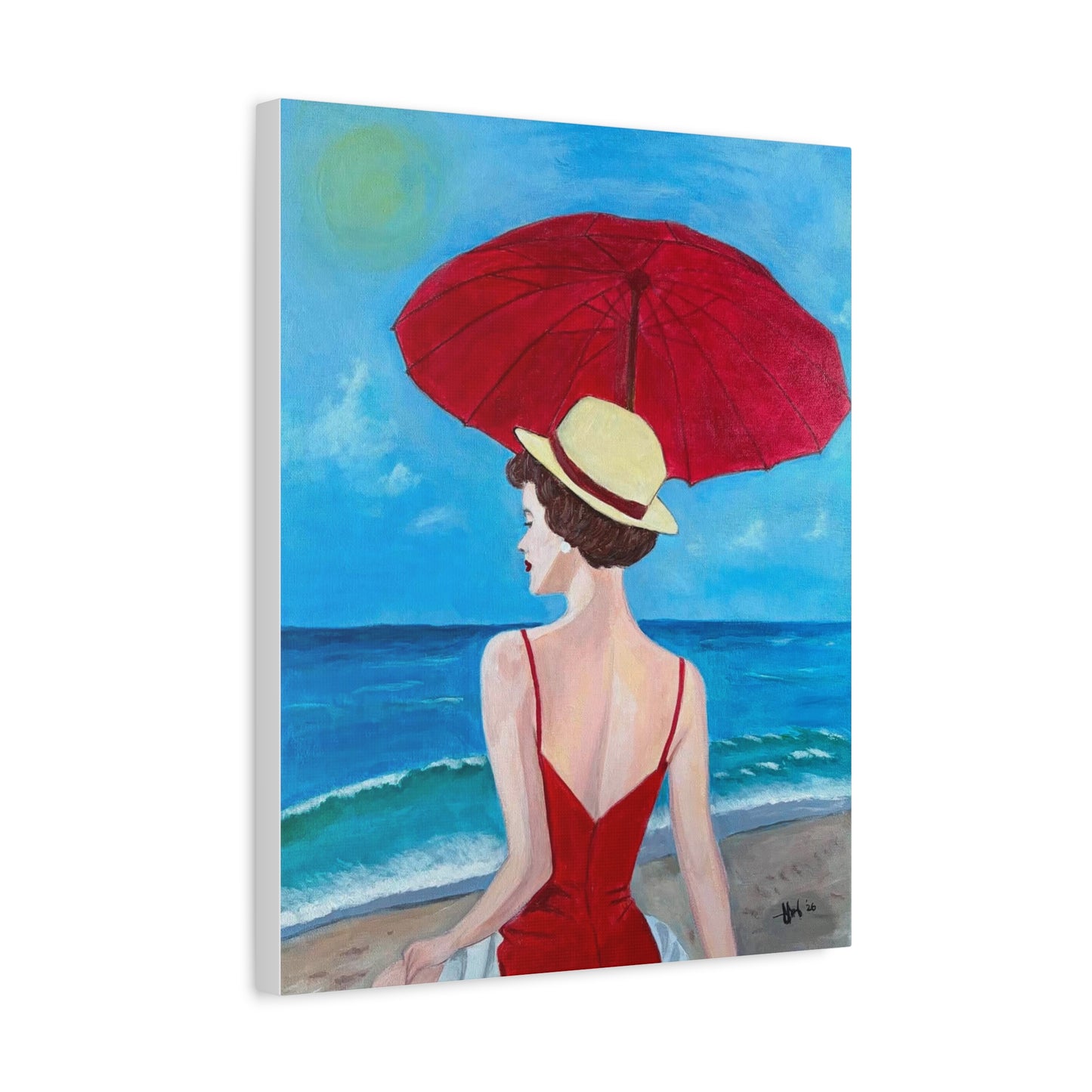 Sky-Kissed Muse Canvas - Woman with Red Umbrella Seaside Art Print