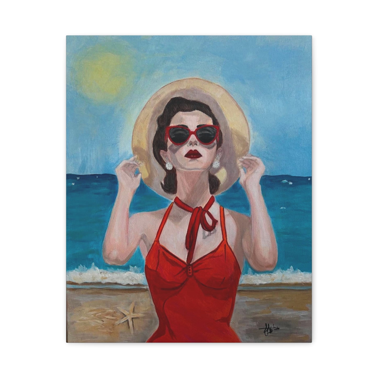 Golden Hour Muse Canvas Print — Retro Woman in Red Swimsuit Wall Art