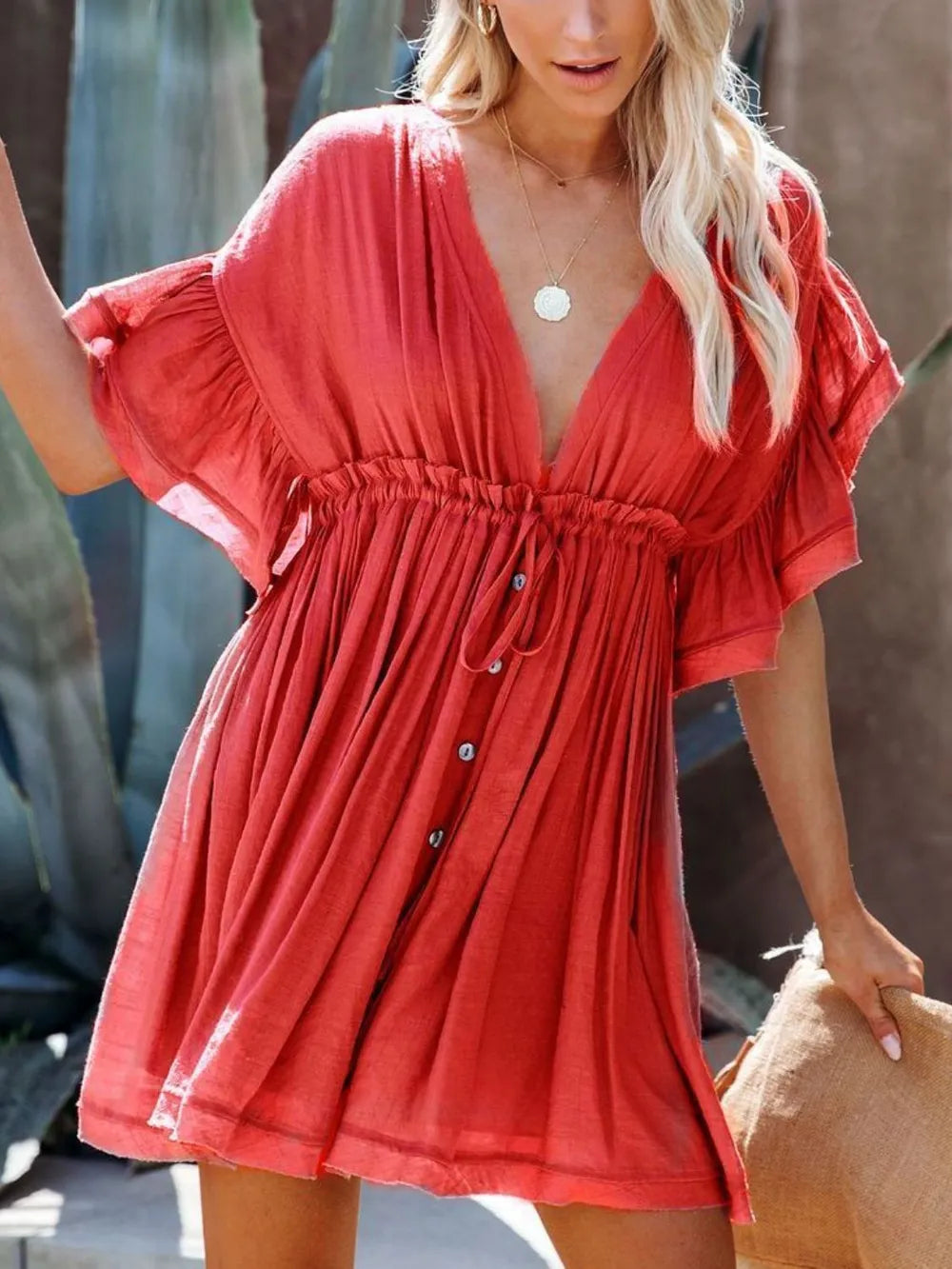 Drawstring Ruffled Half Sleeve Mini Dress