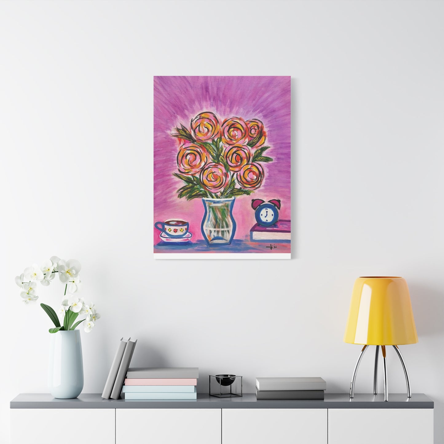 Bloom and Brew Canvas Art — Floral Still Life Matte Stretched Canvas