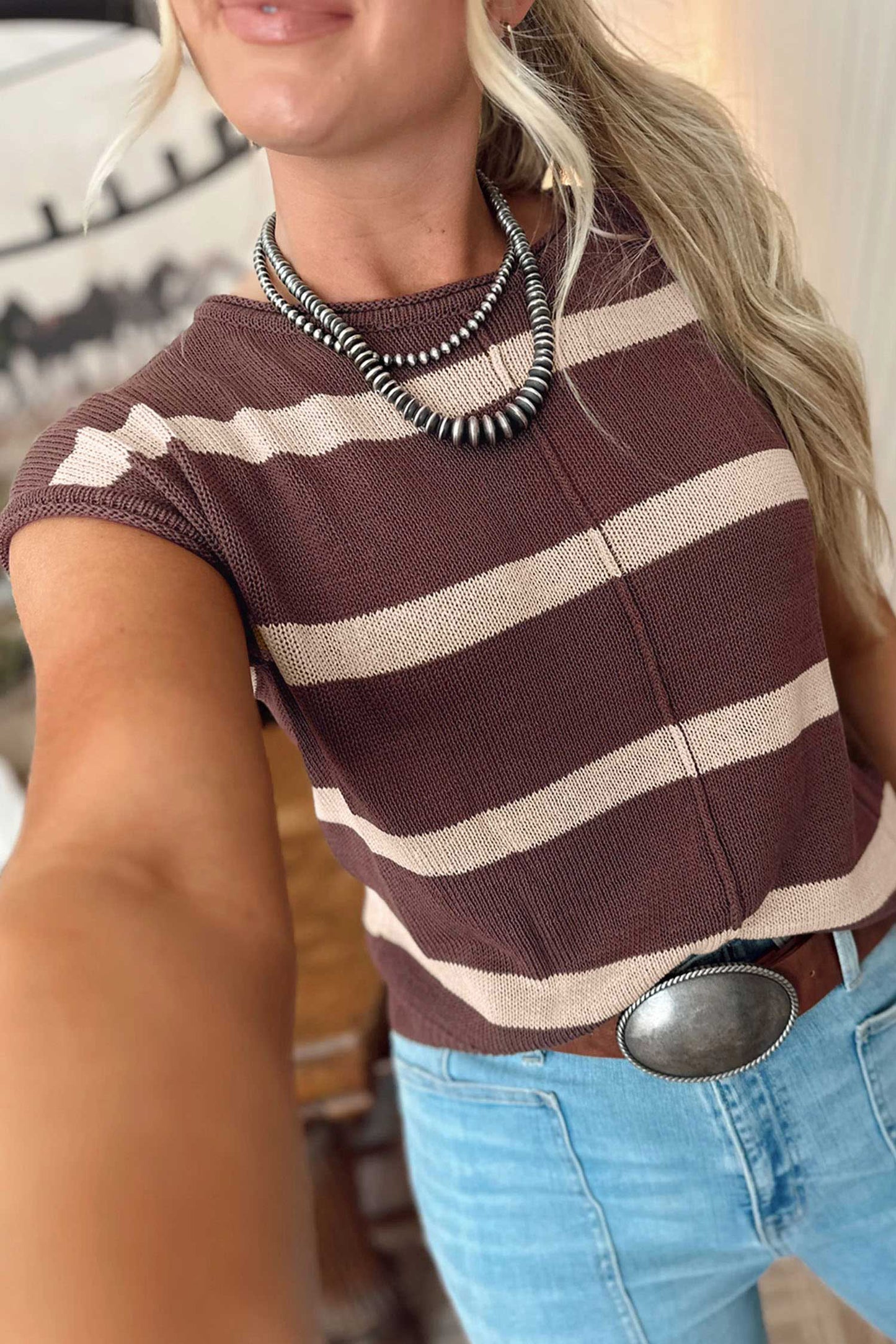 Rose Stripe Knit Western Short Sleeve Sweater