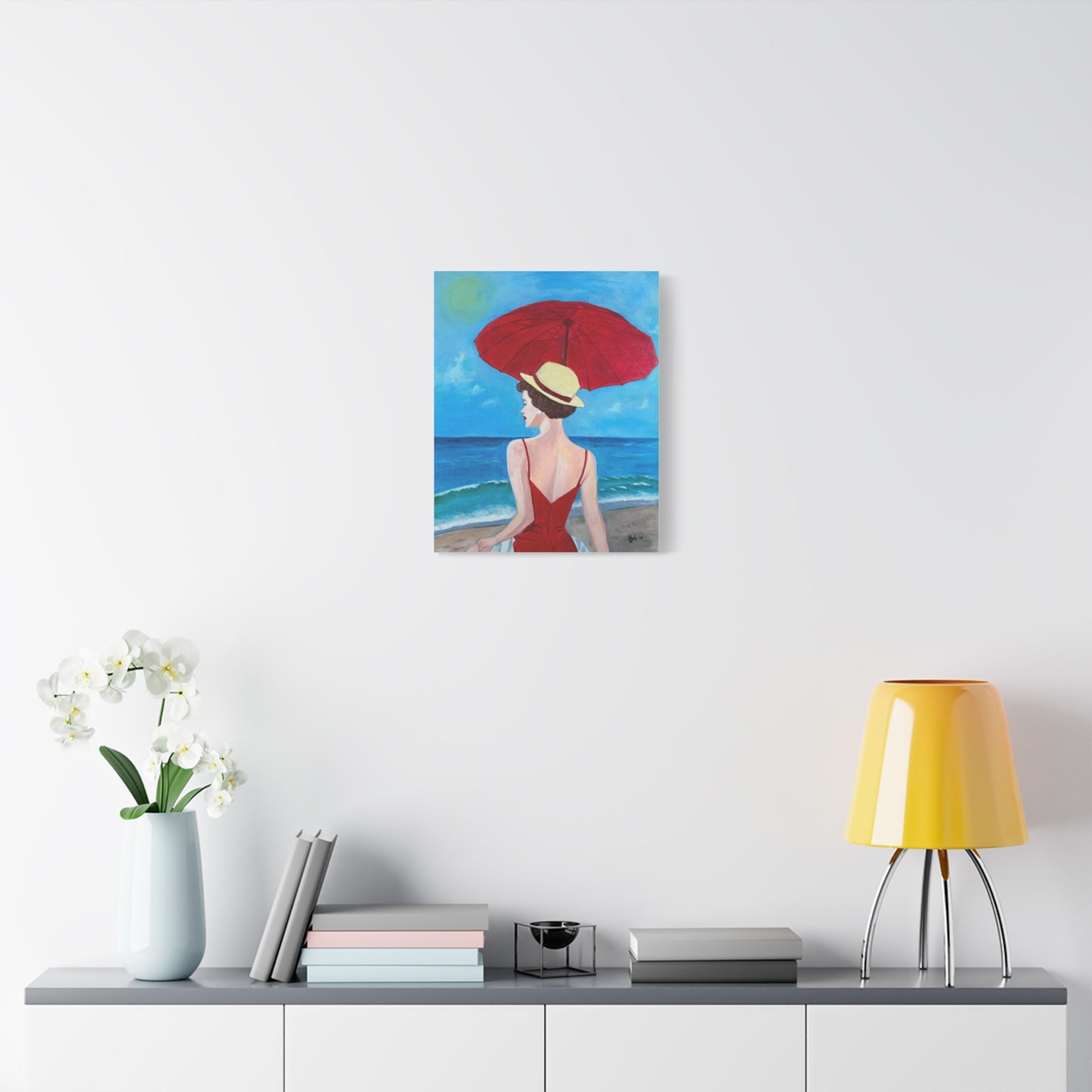Sky-Kissed Muse Canvas - Woman with Red Umbrella Seaside Art Print