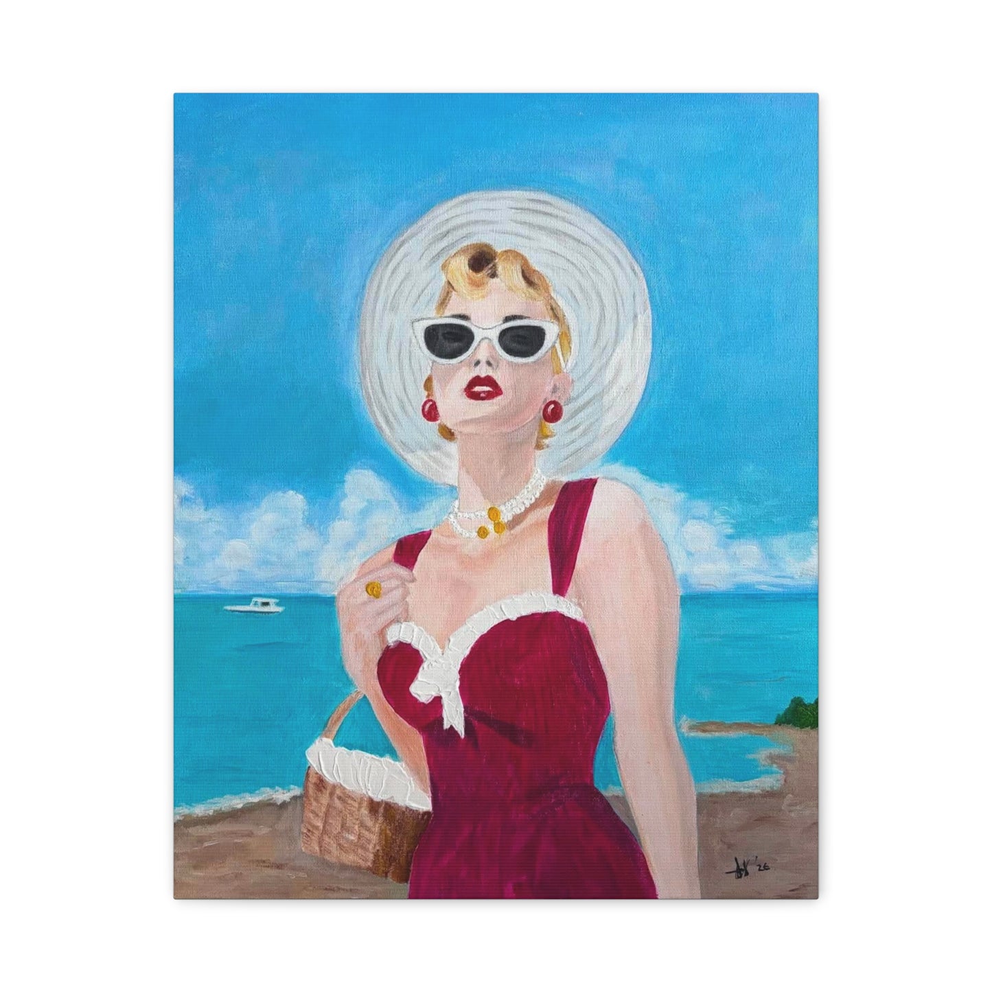 Seaside Muse Canvas — Retro Woman in Sunglasses Matte Stretched Wall Art