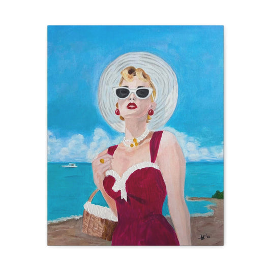 Seaside Muse Canvas — Retro Woman in Sunglasses Matte Stretched Wall Art