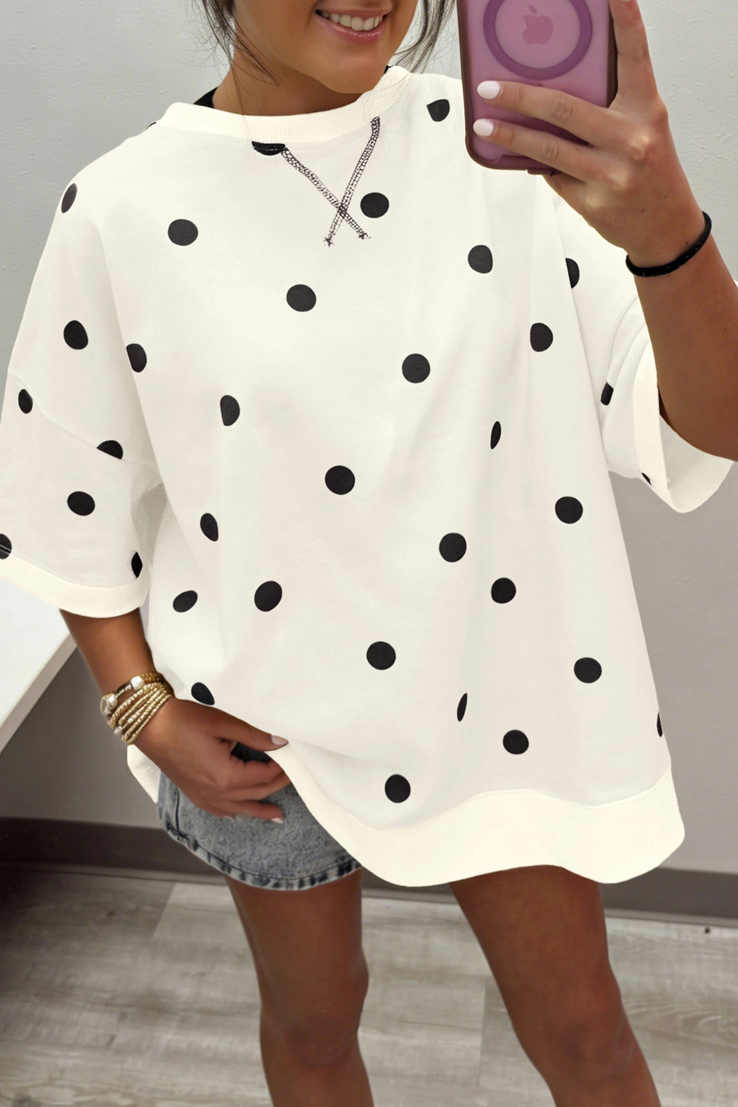 Beige Polka Dot Print Crossed Seam Detail Oversize Tee