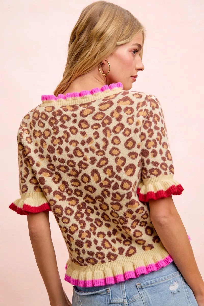 BiBi Leopard Patterned Ruffled Detail Button Cardigan