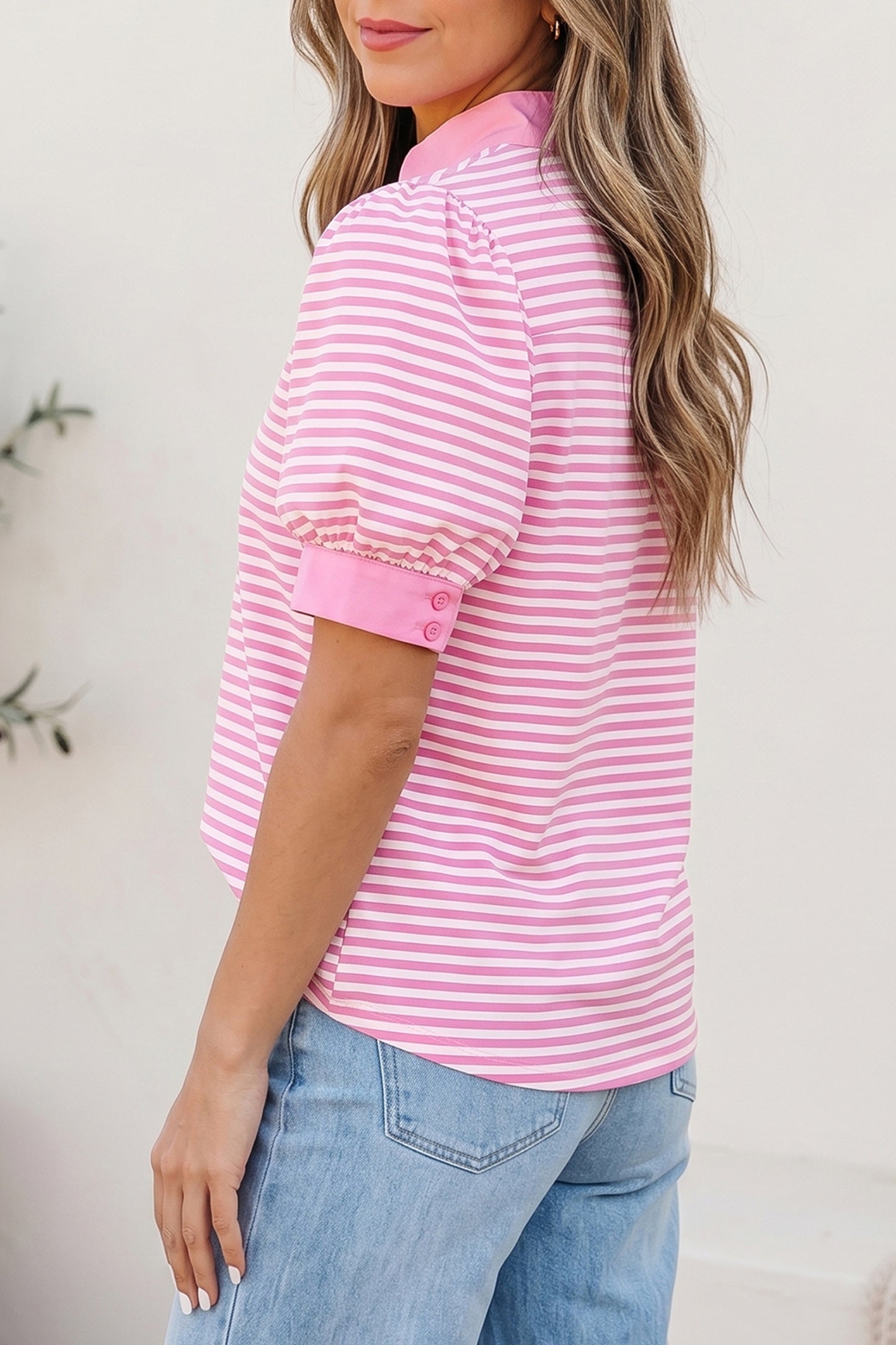Pink Stripe Color Block Detail Split Neck Short Sleeve Blouse