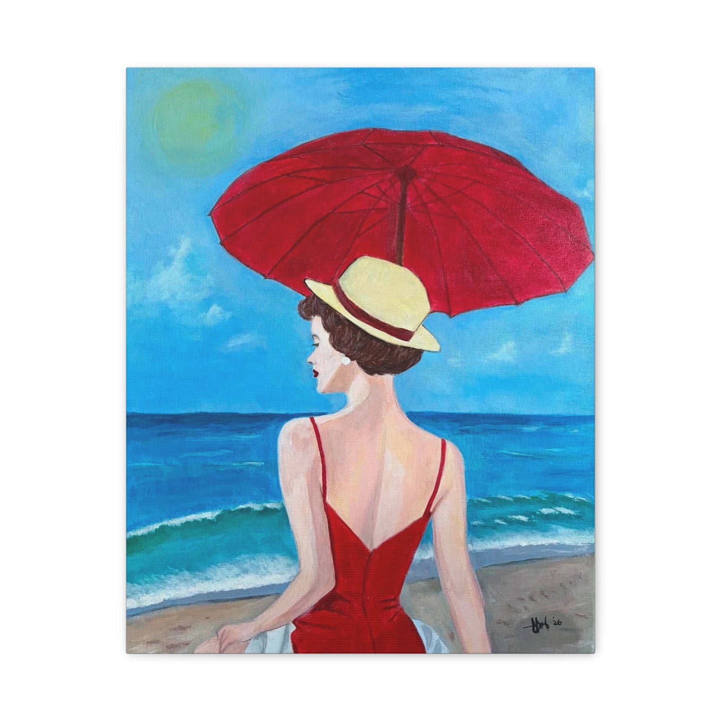 Sky-Kissed Muse Canvas - Woman with Red Umbrella Seaside Art Print