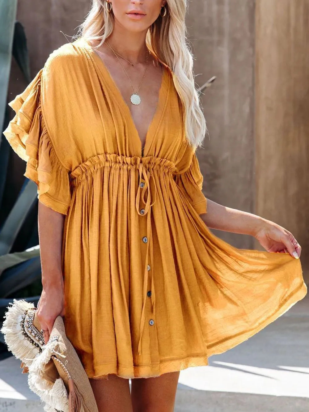Drawstring Ruffled Half Sleeve Mini Dress
