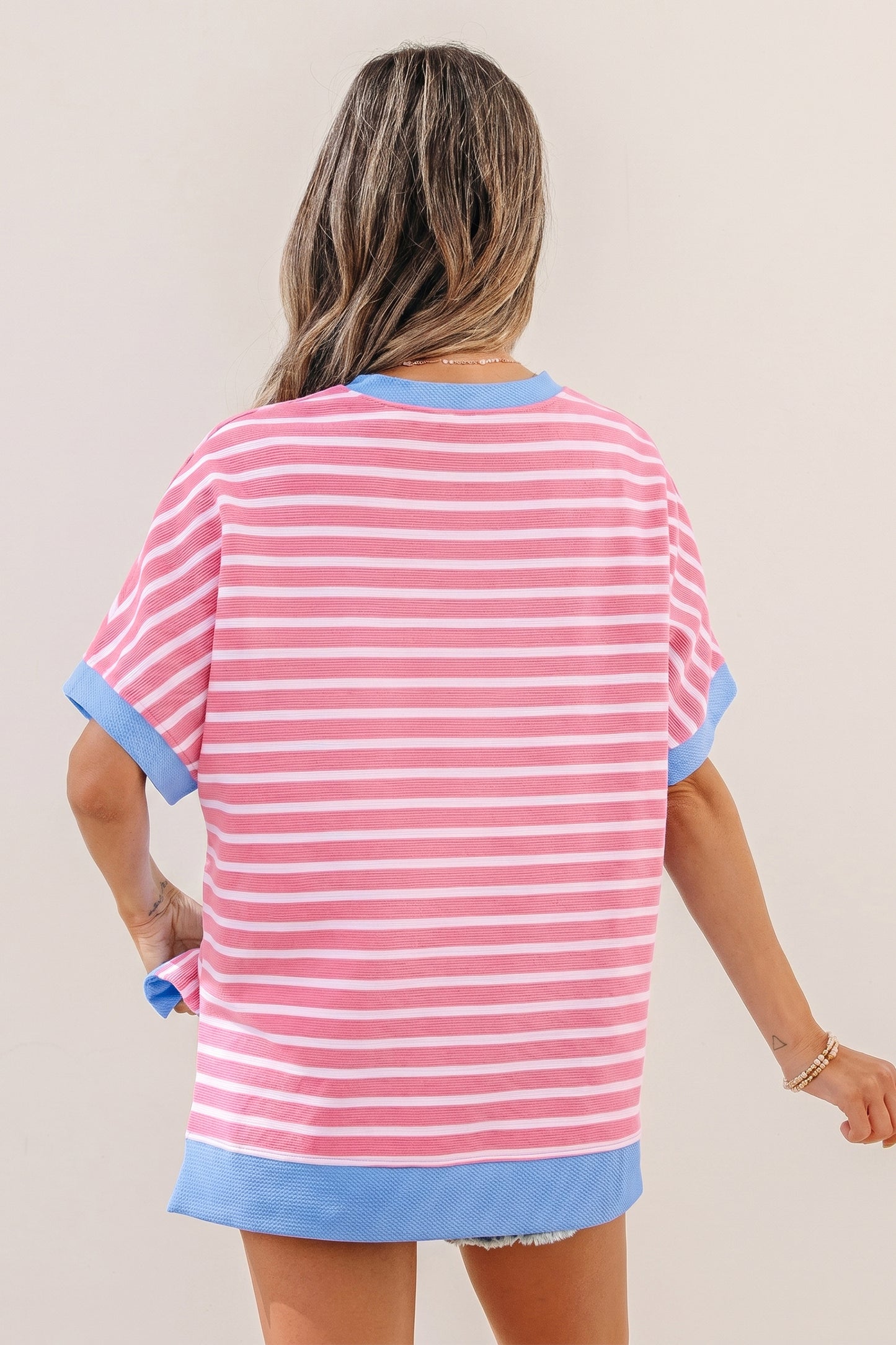 Sky Blue Stripe Contrast Trim Loose Short Sleeve Top