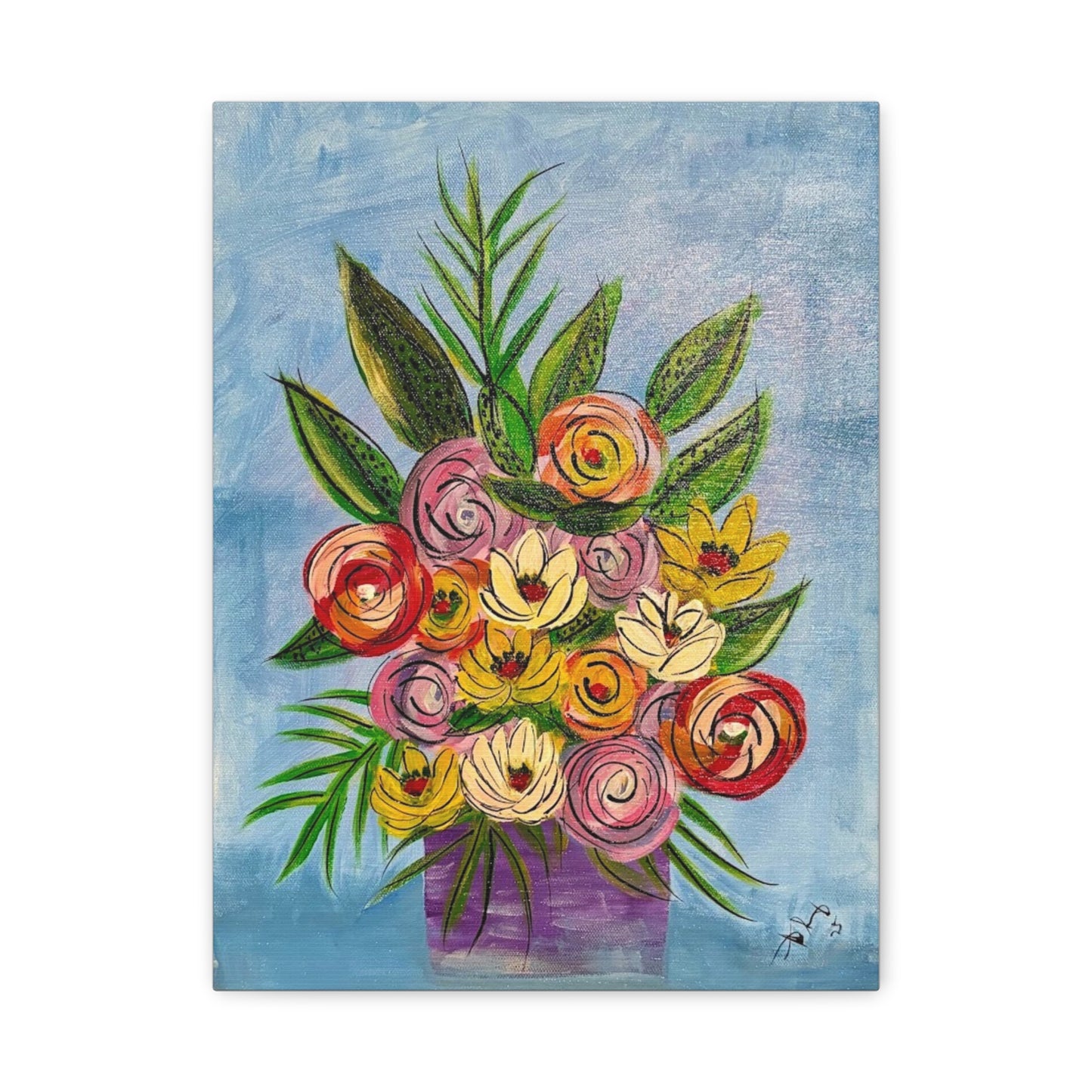 Pink Roses Boho Bouquet Canvas Print — Colorful Hand-Painted Flowers on Blue Background