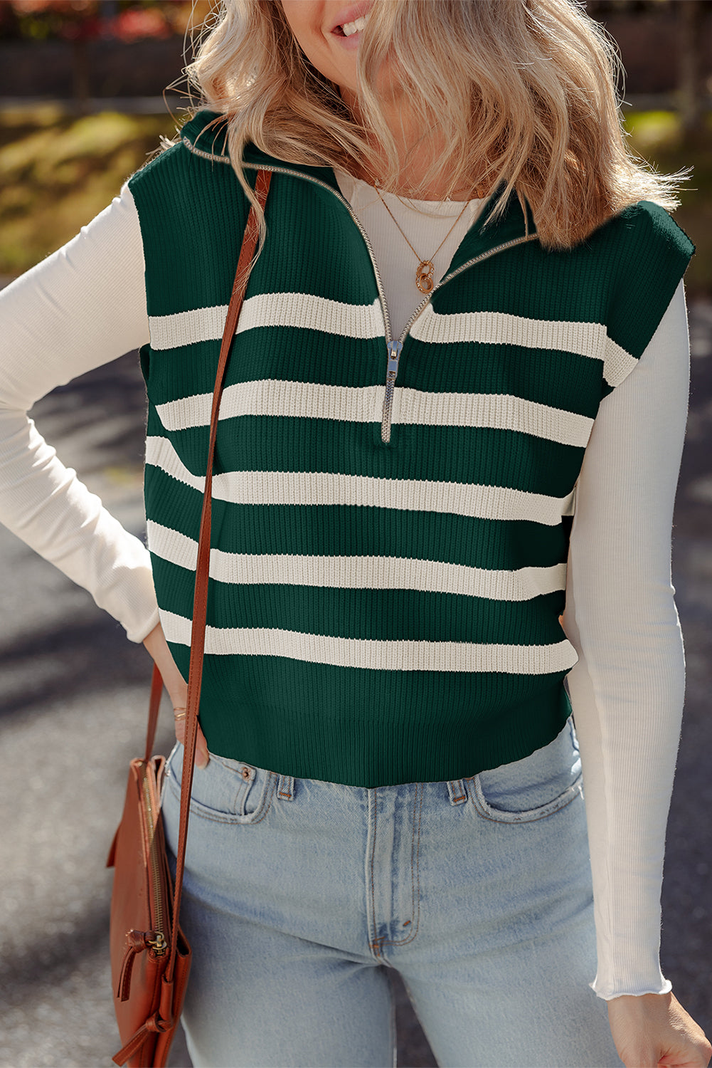 Chicory Coffee Ribbed Half Zip Collared Sweater Vest