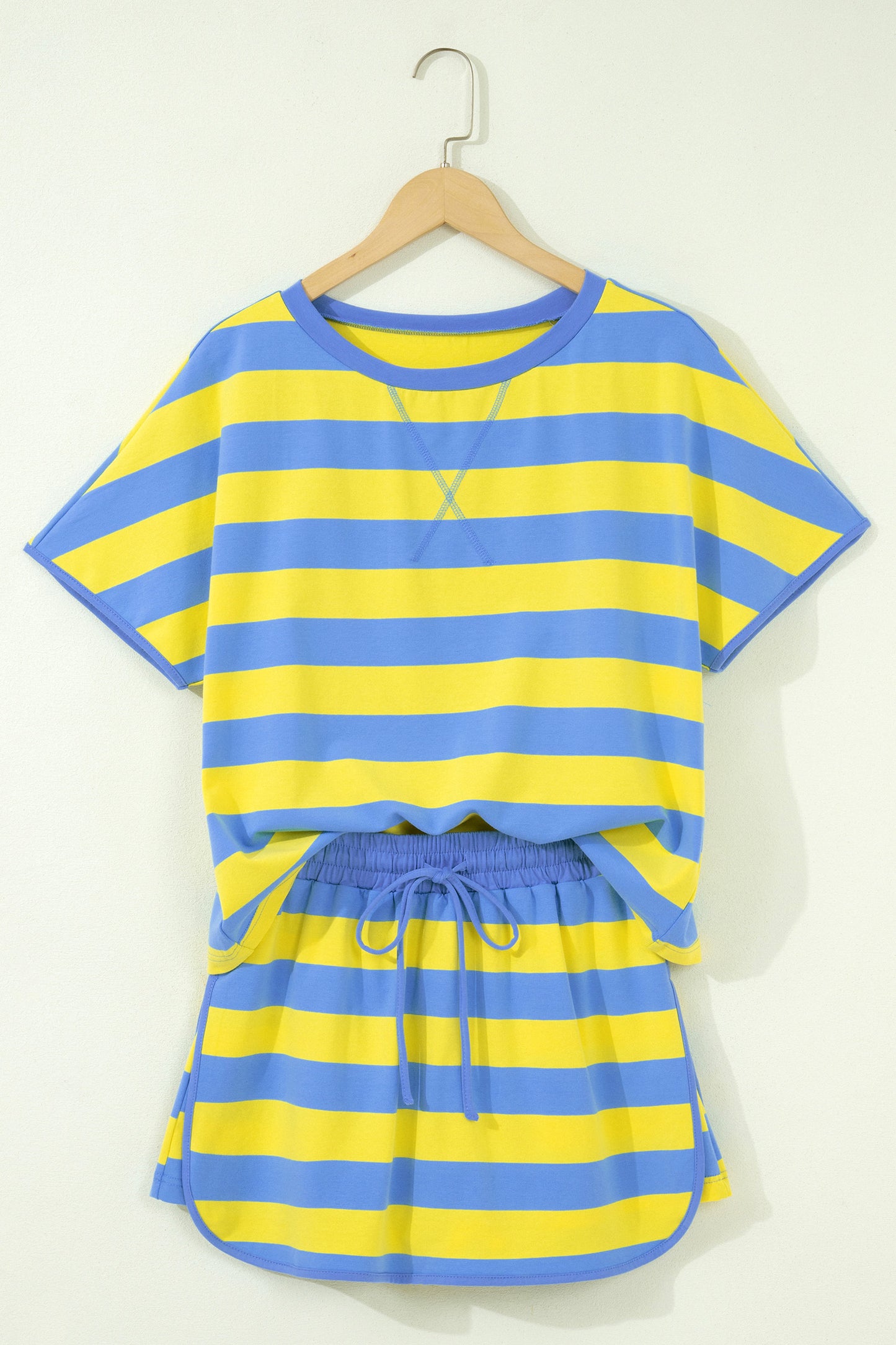 Yellow Stripe Dolman Tee Drawstring Skort Athletic 2pcs Set