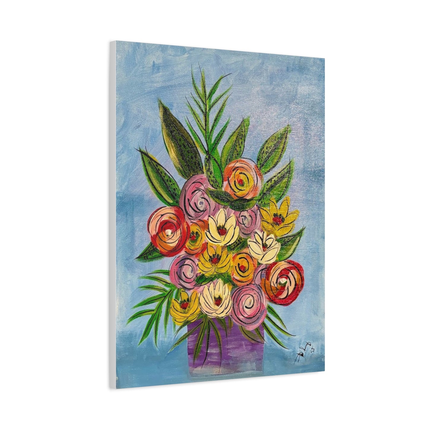 Pink Roses Boho Bouquet Canvas Print — Colorful Hand-Painted Flowers on Blue Background