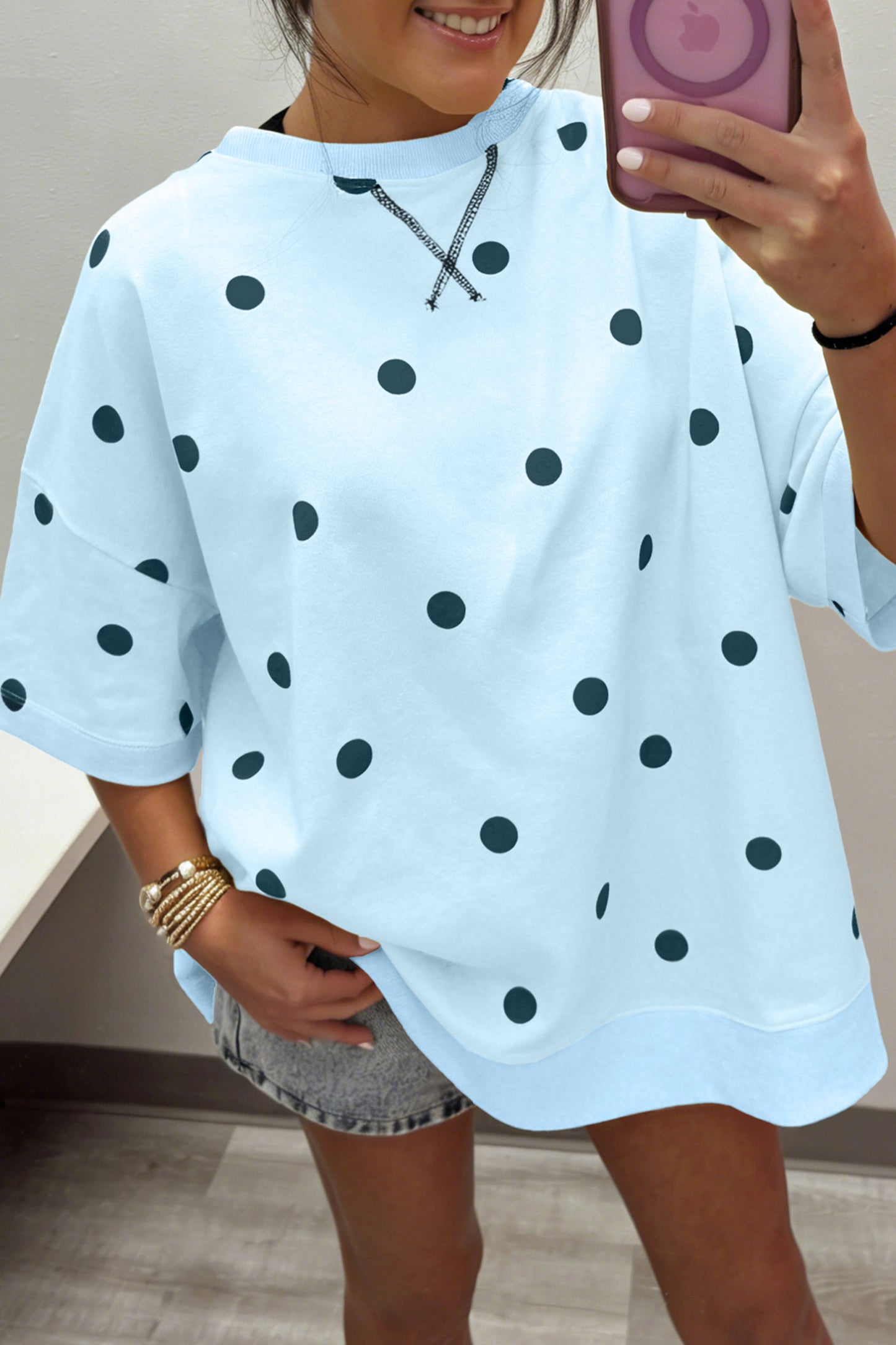 Beige Polka Dot Print Crossed Seam Detail Oversize Tee
