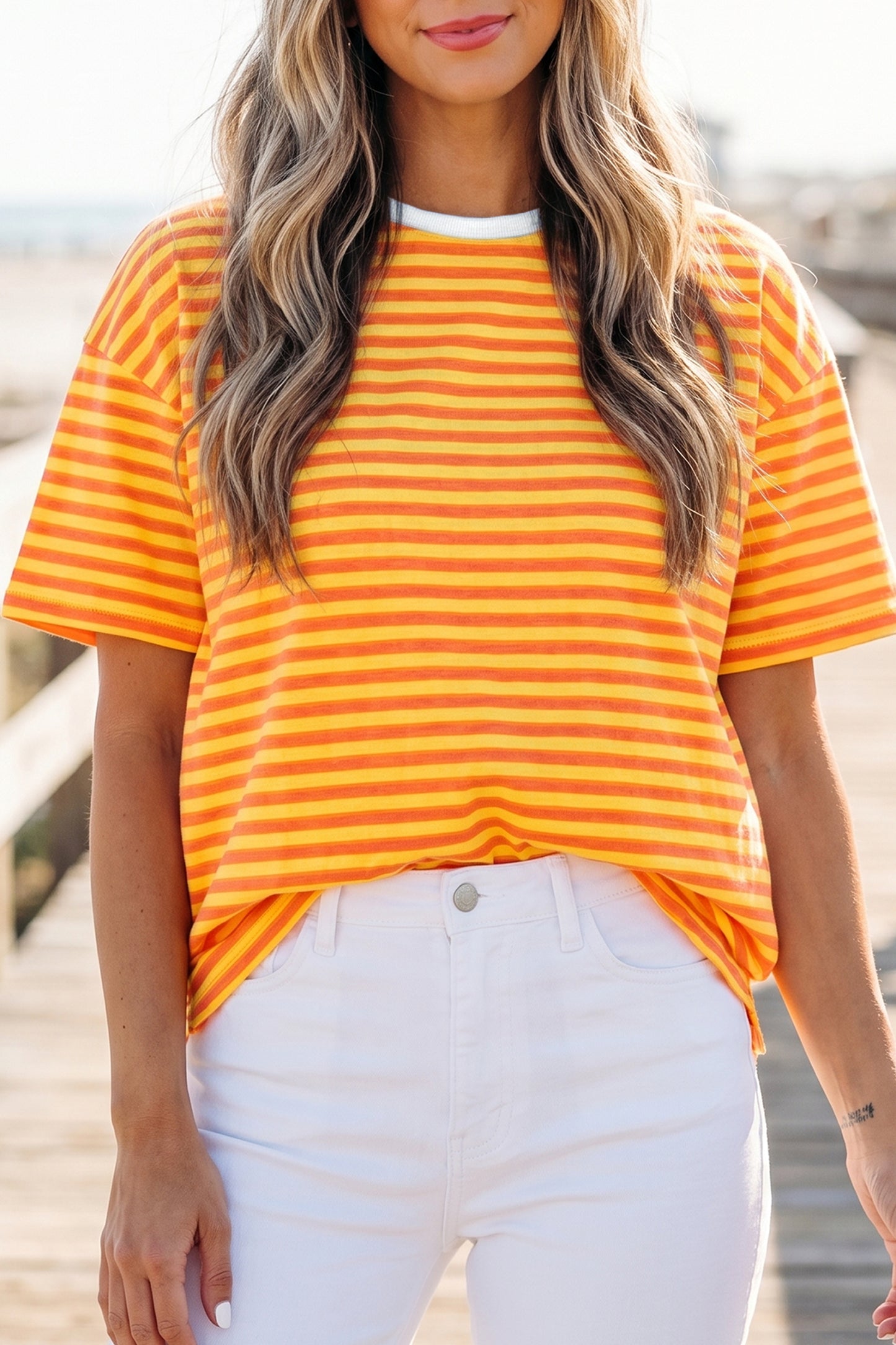 Sky Blue Stripe Contrast Crew Neck Drop Shoulder Loose Tee