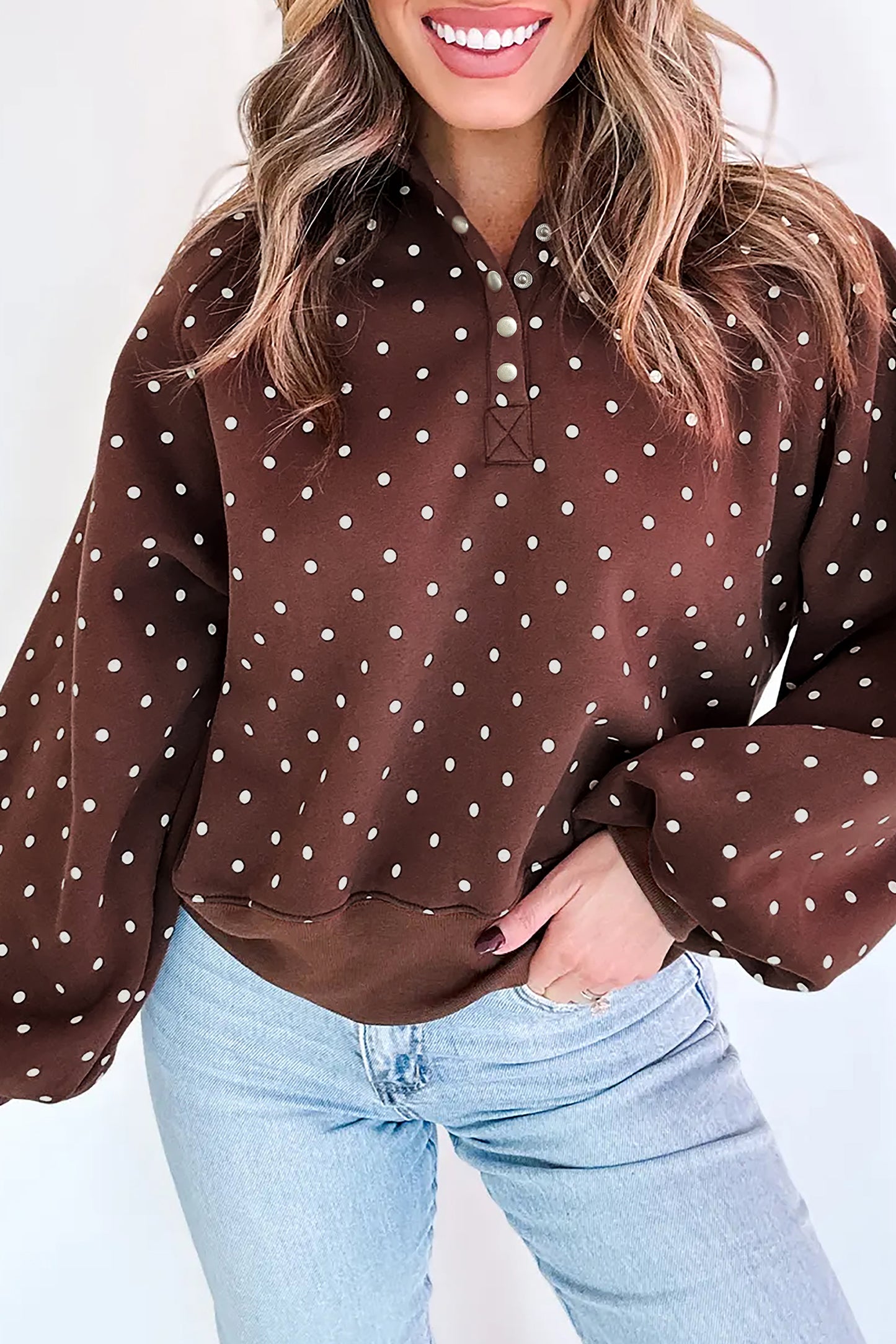 Blue Polka Dot Print Metal Button Collar Casual Pullover Sweatshirt