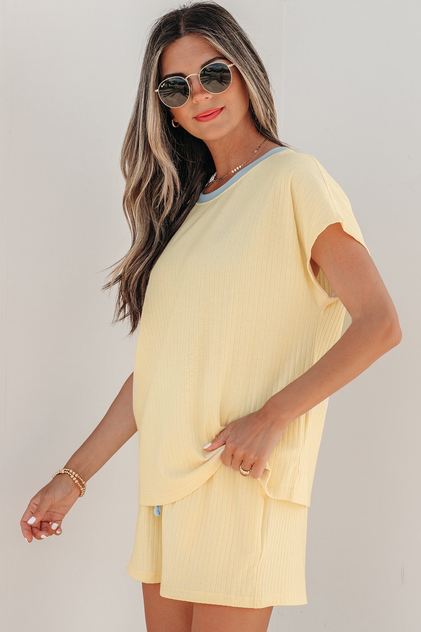 Yellow Cream Soft Ribbed Color Block Trim Casual Short Set