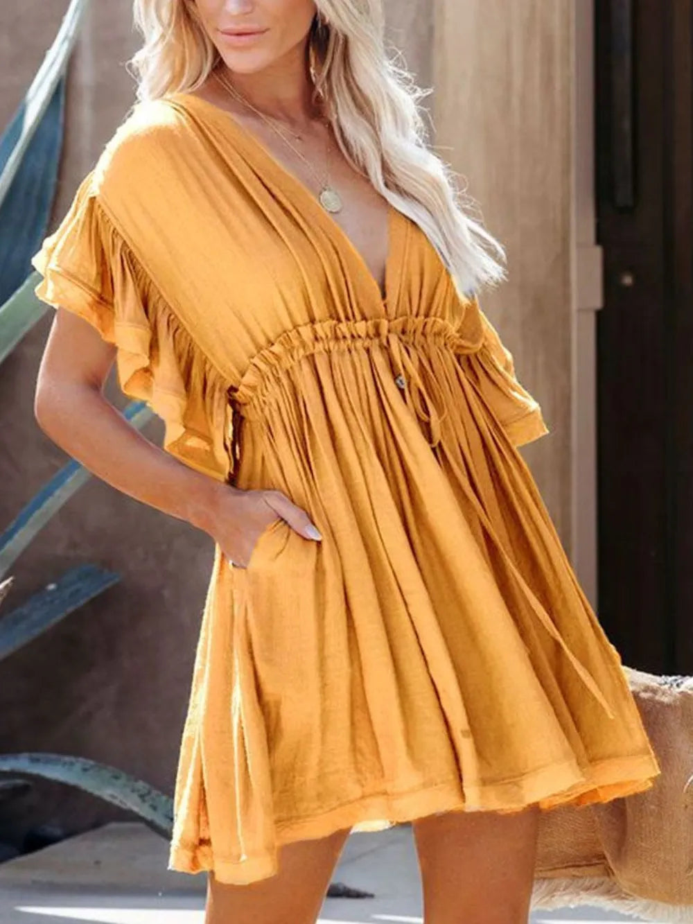 Drawstring Ruffled Half Sleeve Mini Dress