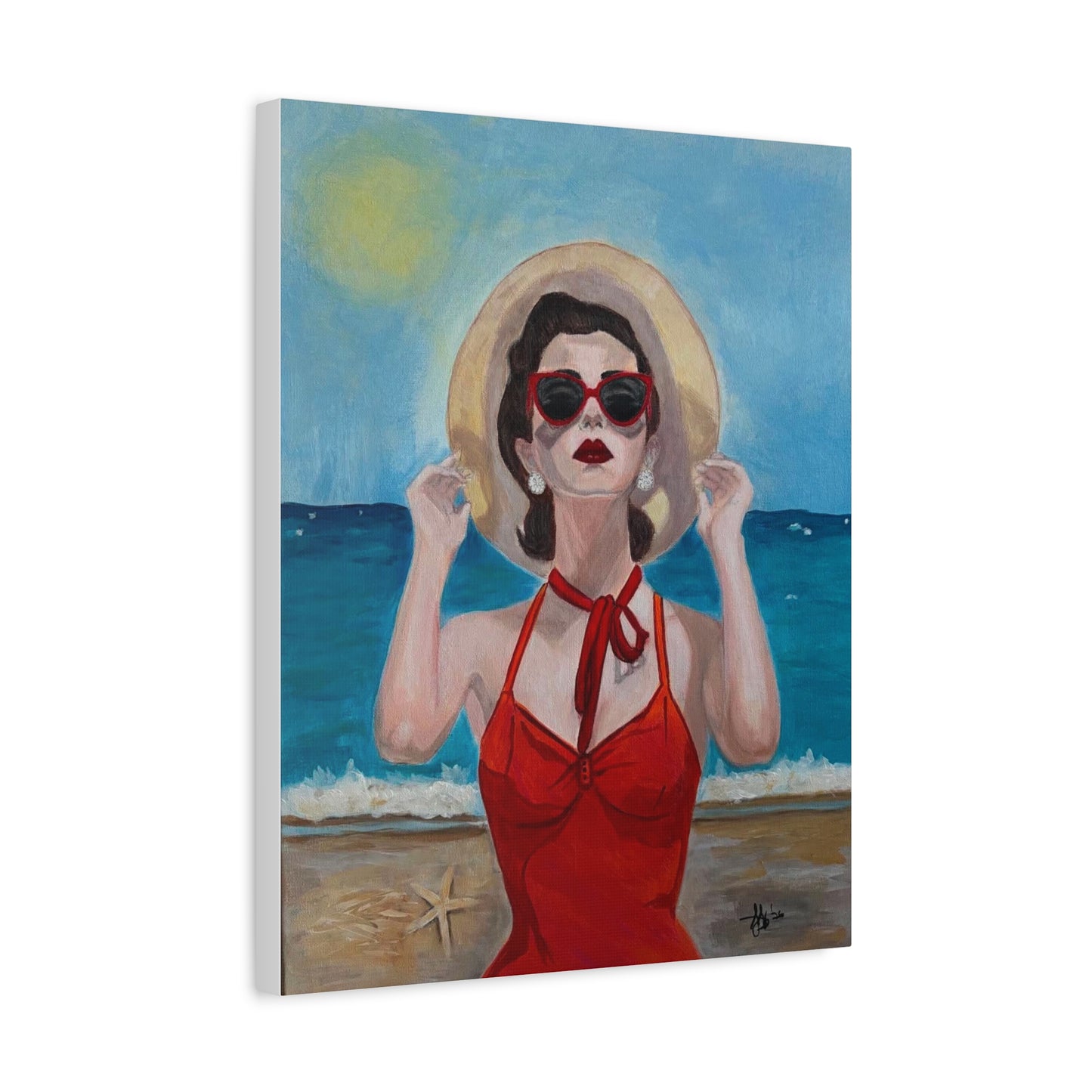 Golden Hour Muse Canvas Print — Retro Woman in Red Swimsuit Wall Art