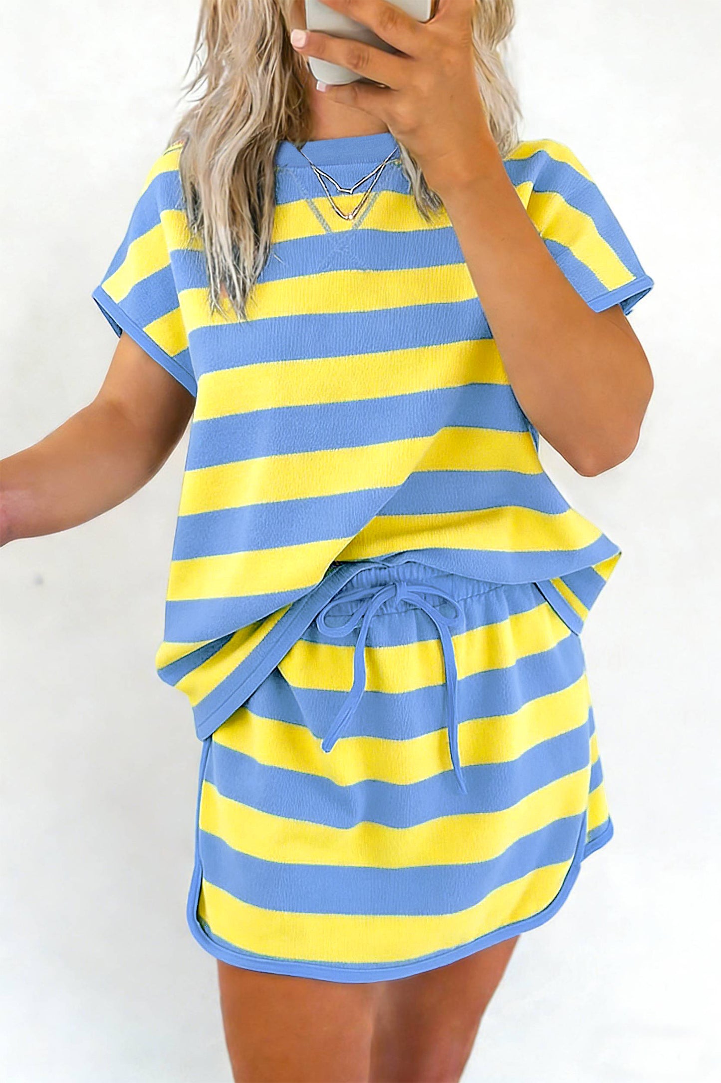 Yellow Stripe Dolman Tee Drawstring Skort Athletic 2pcs Set