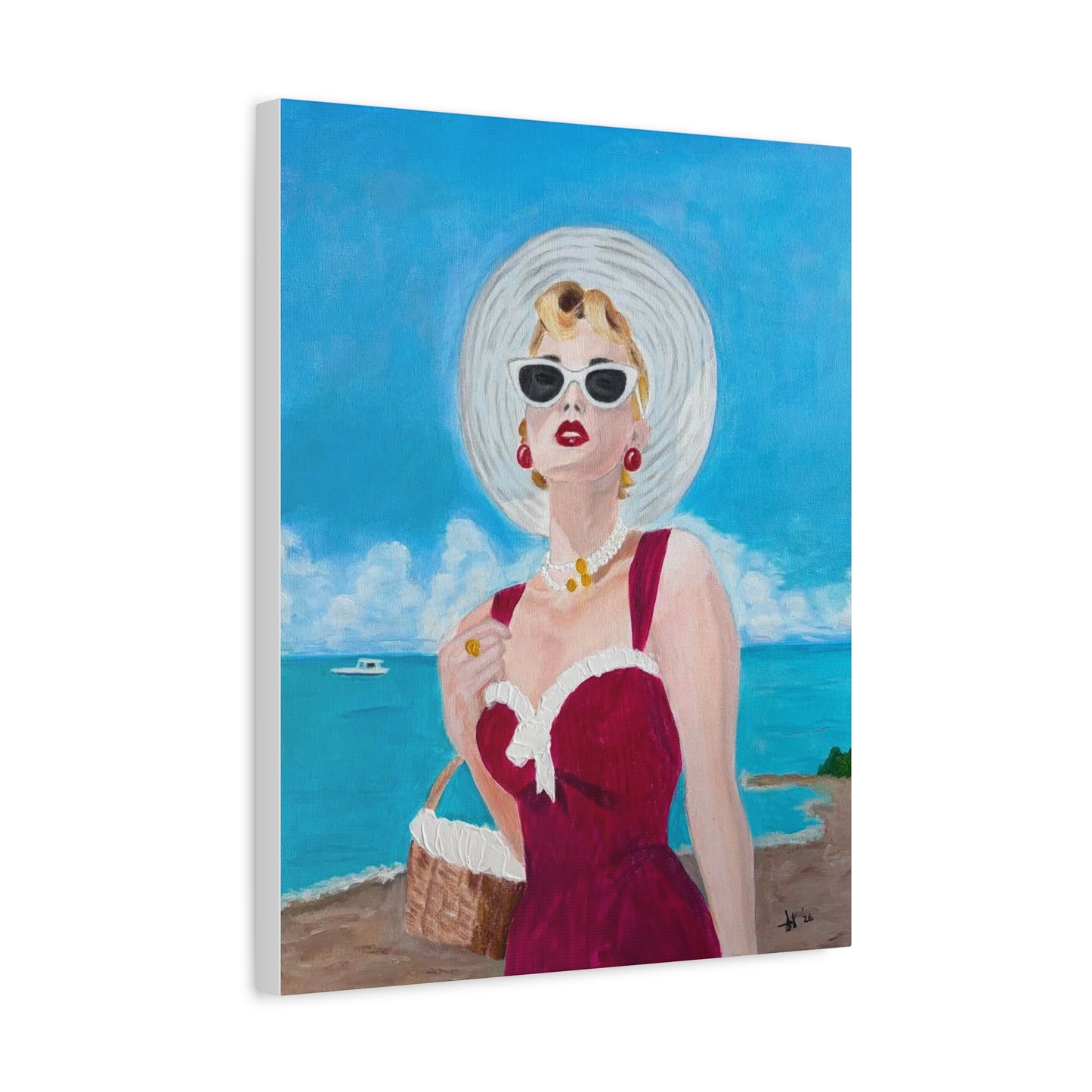 Seaside Muse Canvas — Retro Woman in Sunglasses Matte Stretched Wall Art