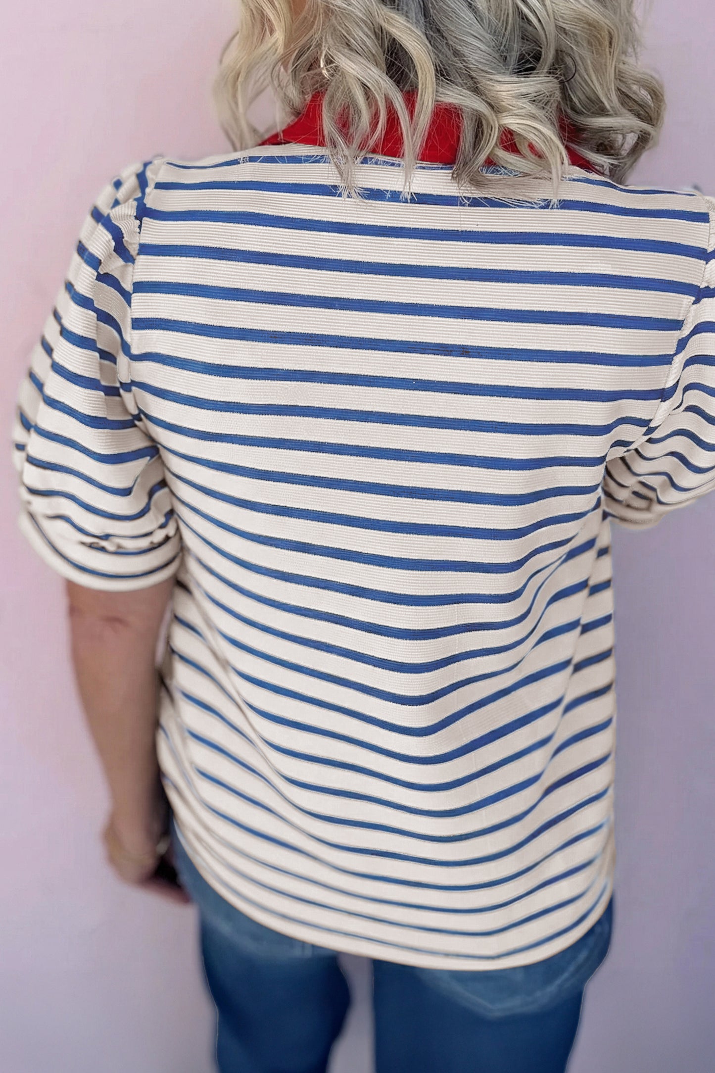 Black Stripe Short Puff Sleeve Color Block Polo Collar Blouse