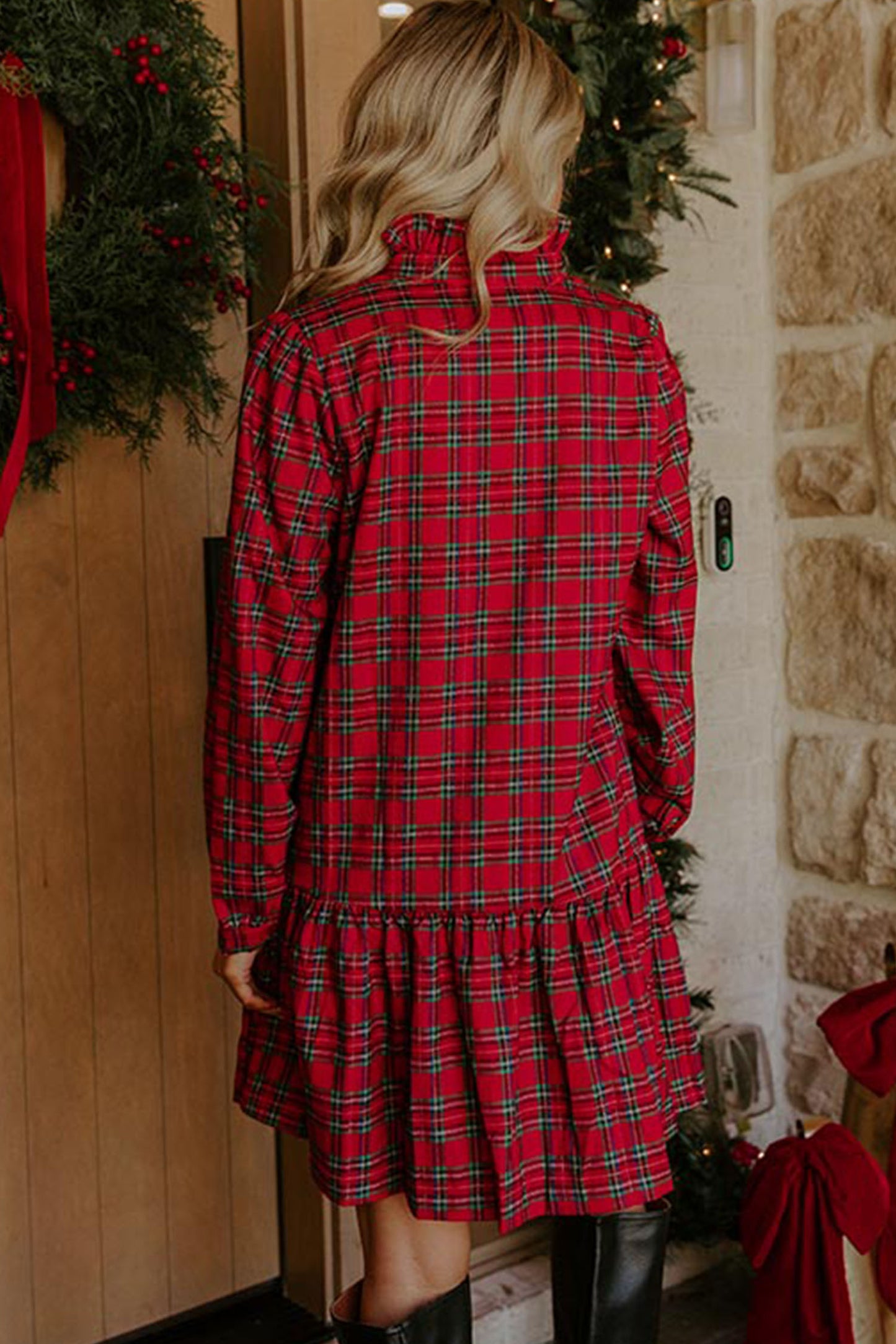 Red Plaid Long Sleeve Mini Shift Silhouette Decoration Dress