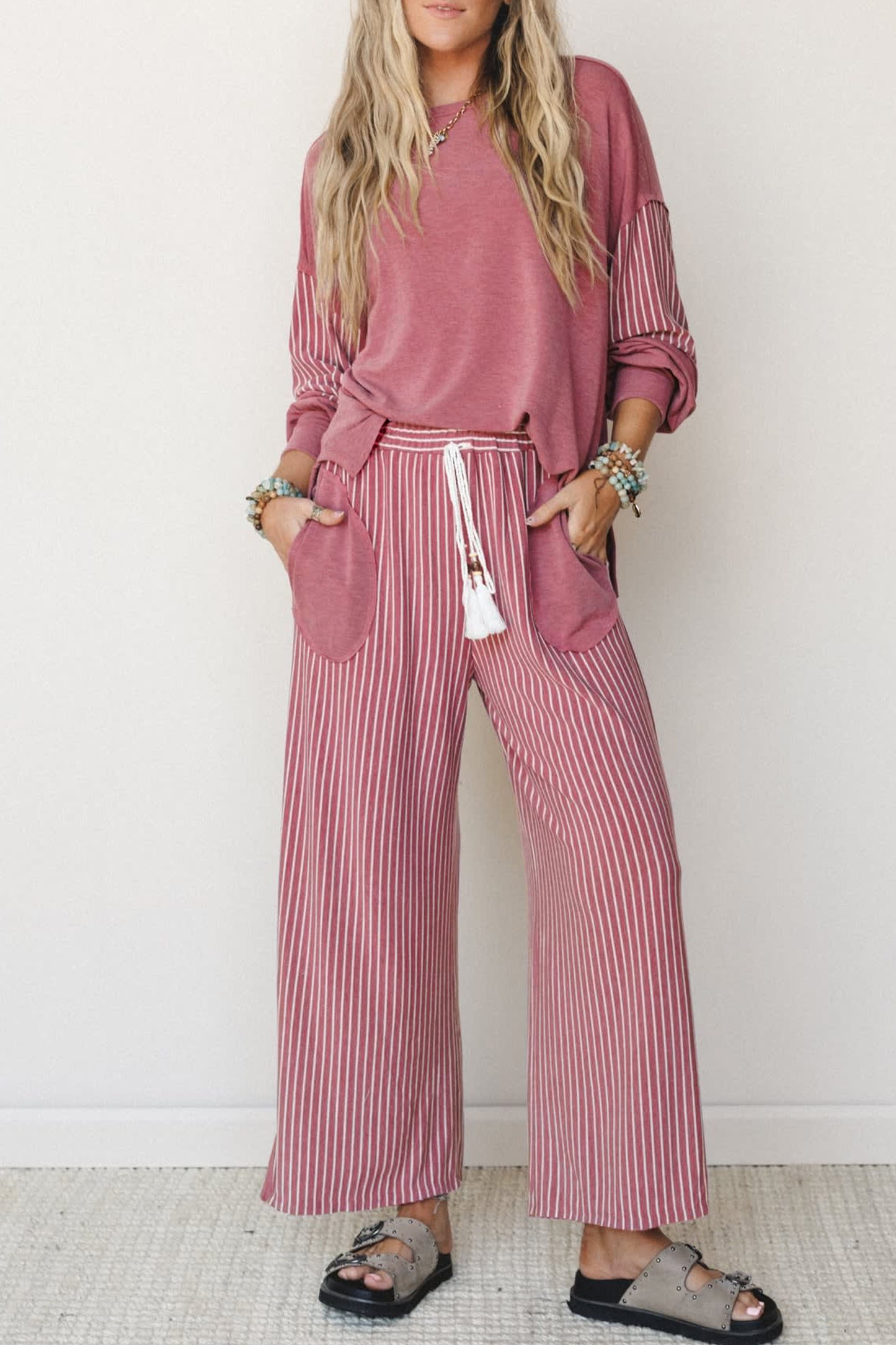 Green Bay Raw Seam Patchwork Long Sleeve Top Pocket Casual Pants 2pcs Set