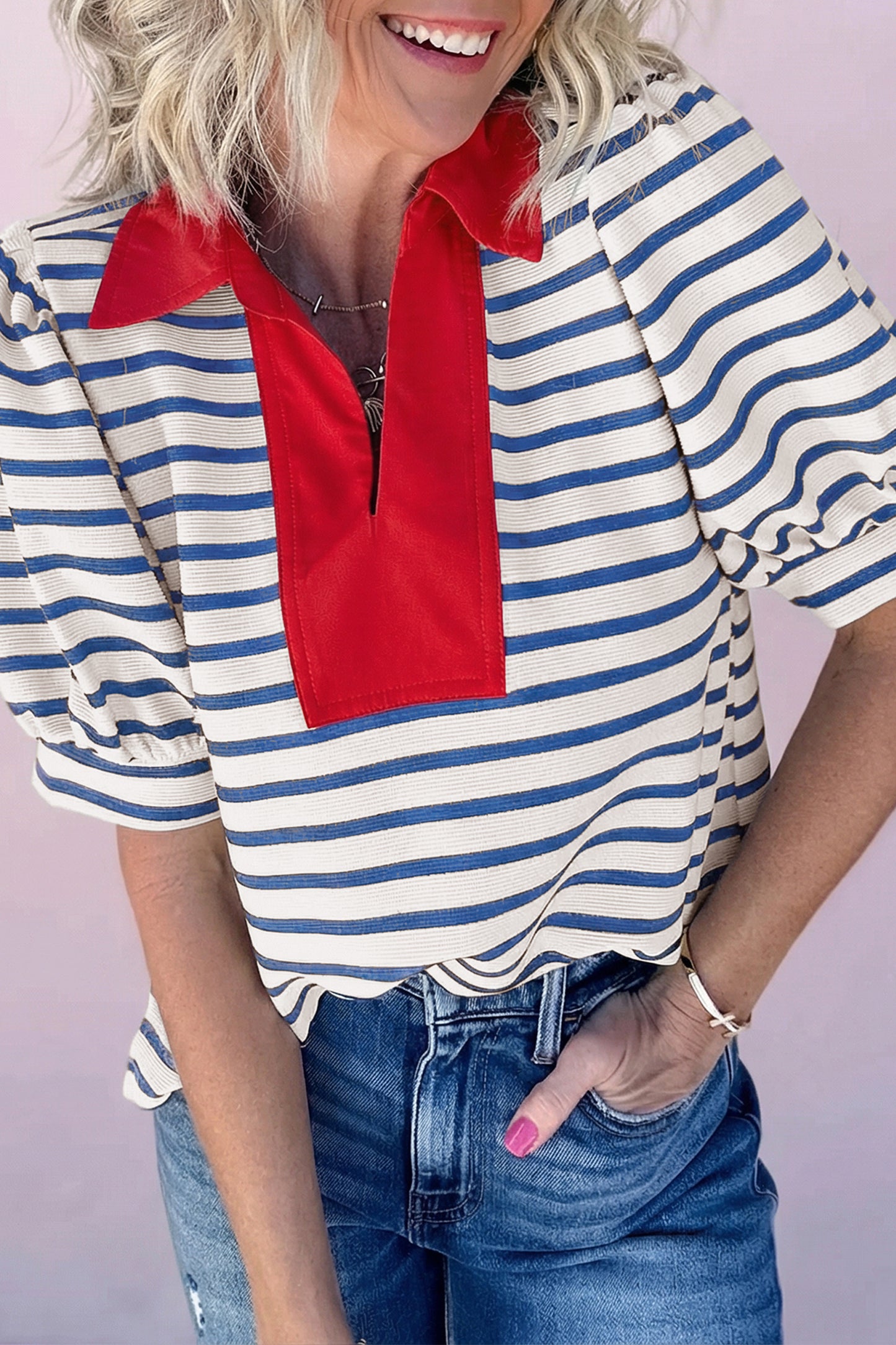 Black Stripe Short Puff Sleeve Color Block Polo Collar Blouse