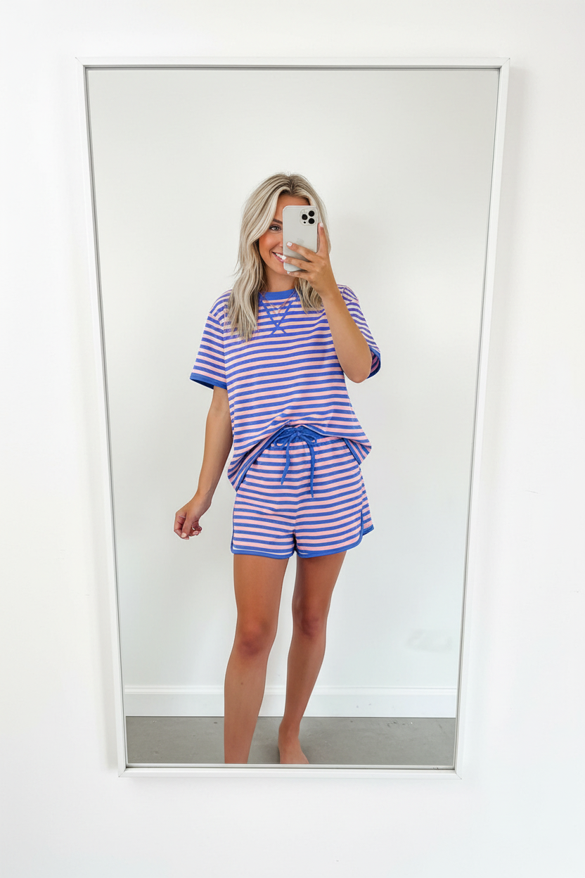 Pink Stripe Relaxed Short Sleeve Top Elastic Waist Drawstring Skort 2pcs Set