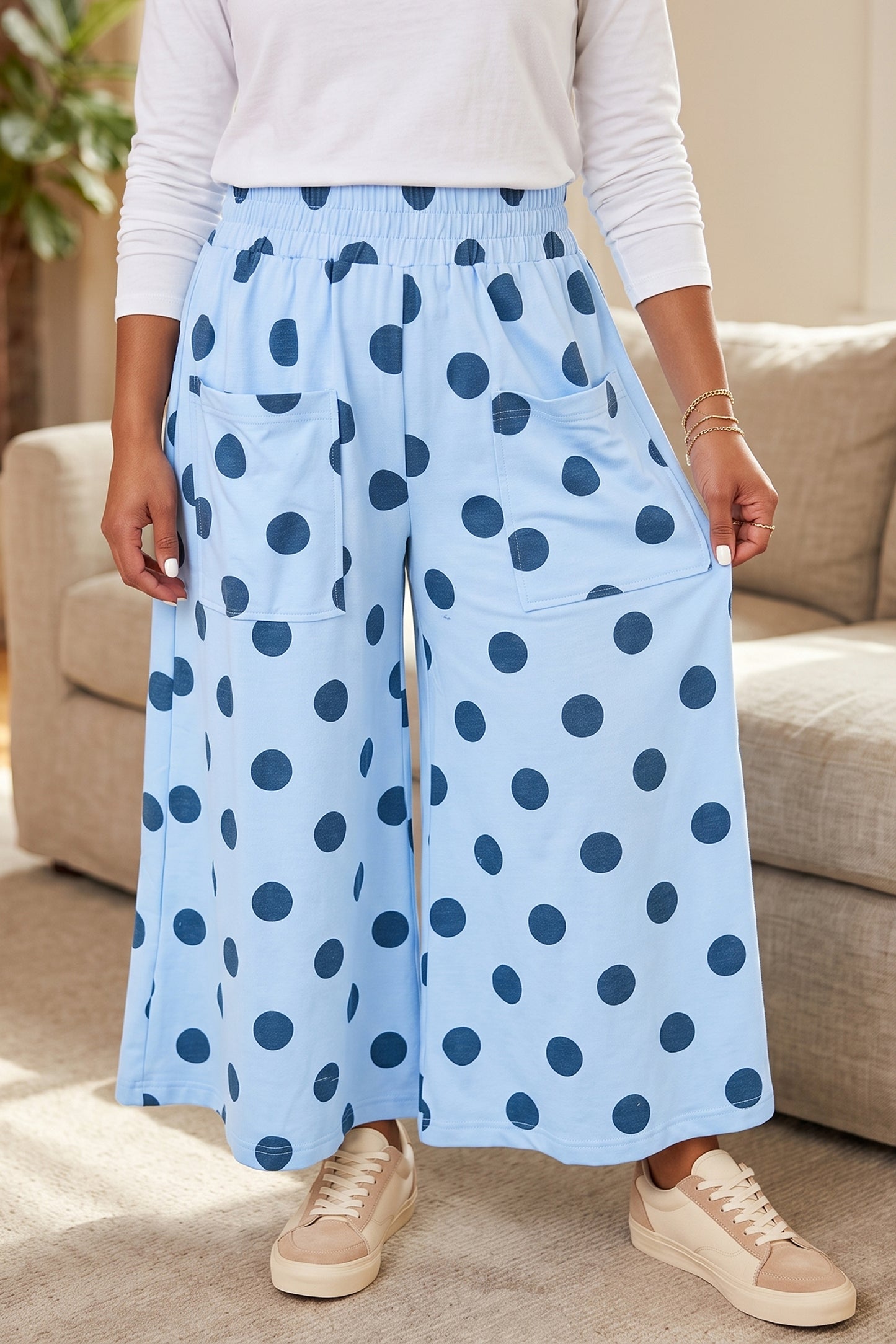 Sky Blue Polka Dot Elastic Waist Wide Leg Plus Size Pants