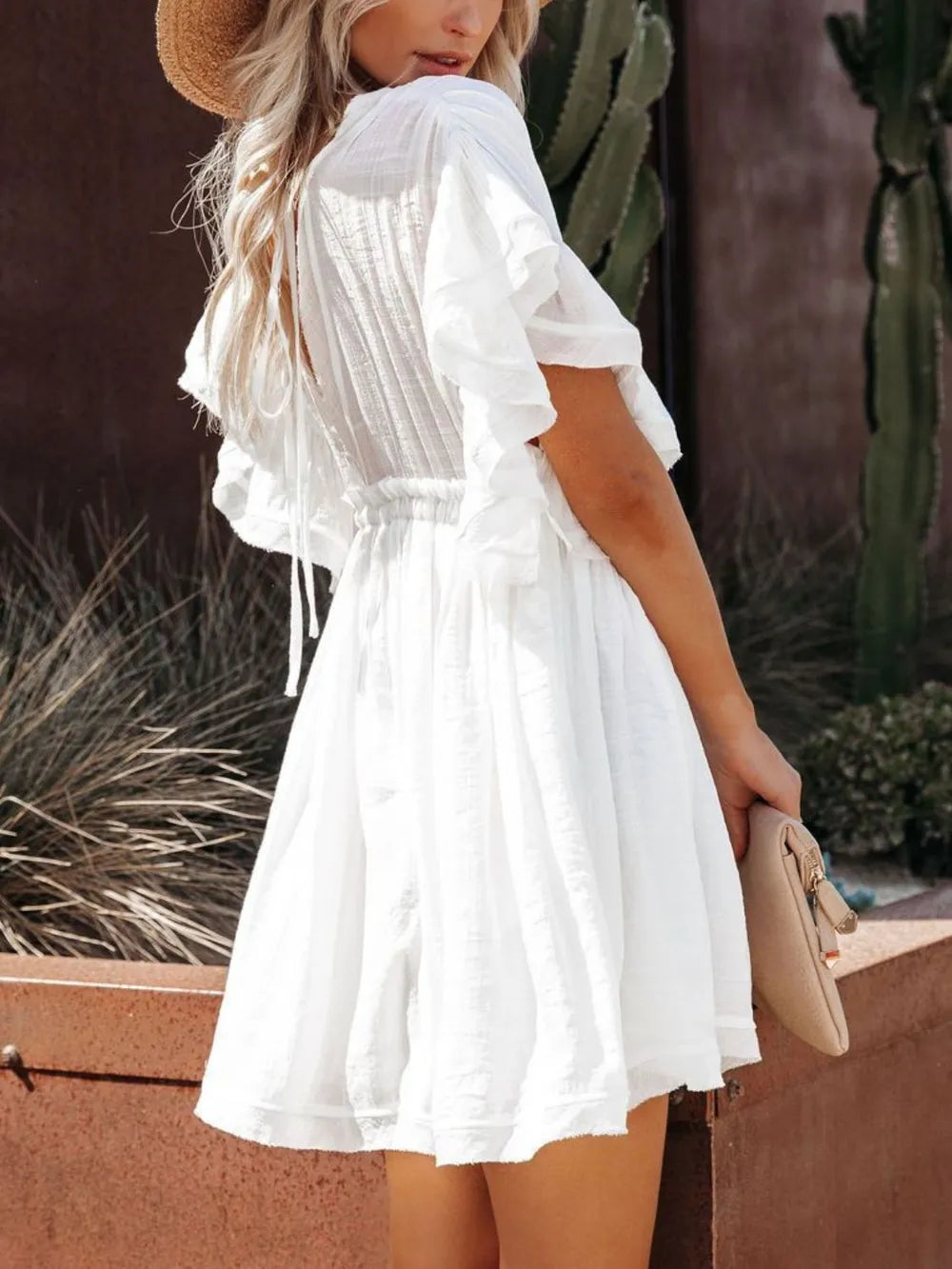 Drawstring Ruffled Half Sleeve Mini Dress