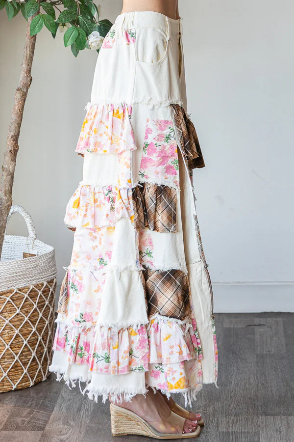 OLI AND HALI FLOWER PATCHWORK  WASHED PLAID SLIT MAXI SKIRT