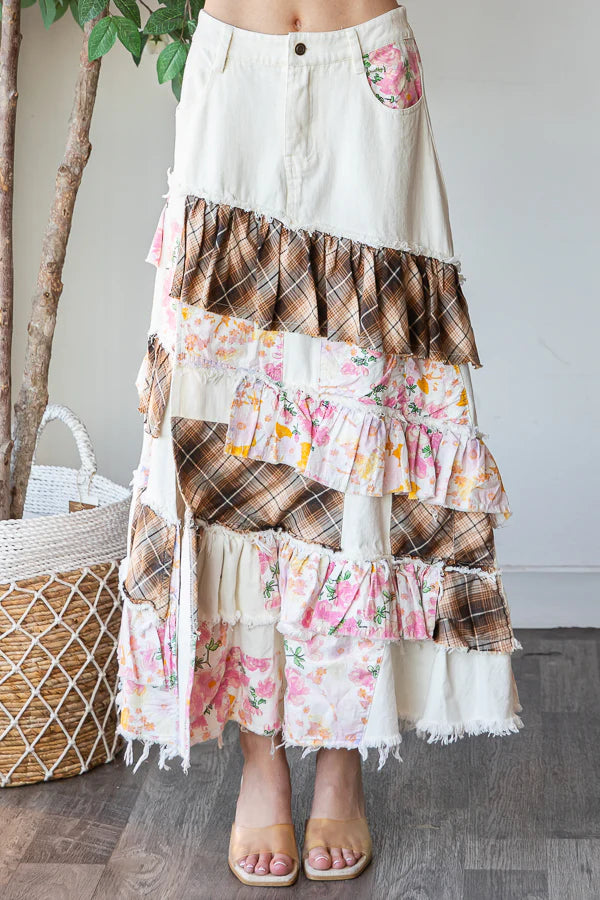 OLI AND HALI FLOWER PATCHWORK  WASHED PLAID SLIT MAXI SKIRT