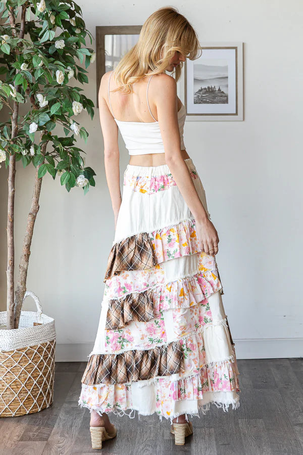 OLI AND HALI FLOWER PATCHWORK  WASHED PLAID SLIT MAXI SKIRT